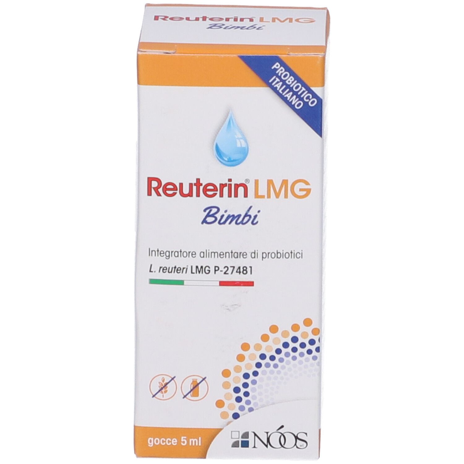 Confezione con nome prodotto Reuterin LMG Bimbi e simbolo goccia. Confezione con simbolo bandiera italiana.
