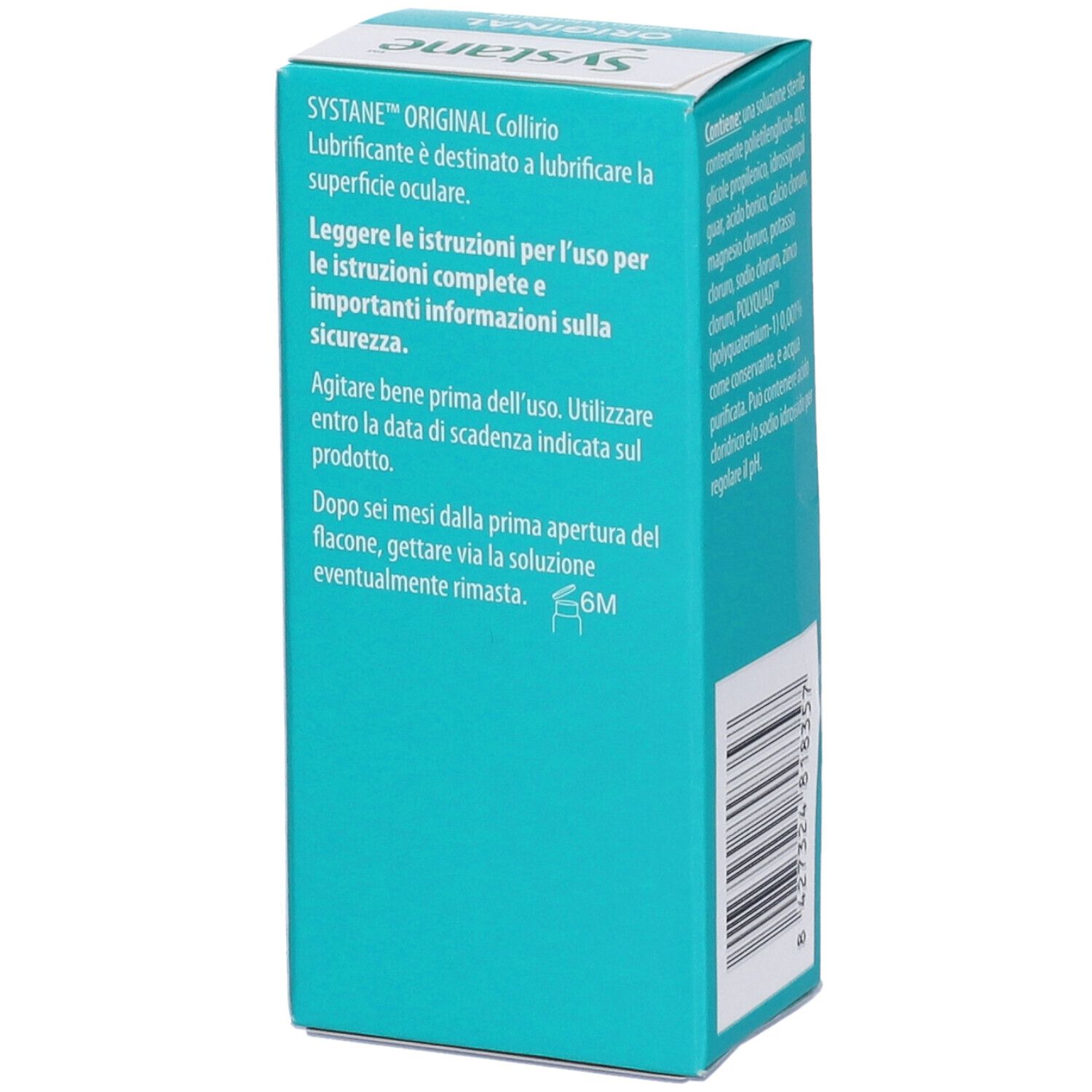 Seite der Systane Original-Verpackung. Enthält Gebrauchsanweisung und Haltbarkeitsdatum. 6M-Symbol.