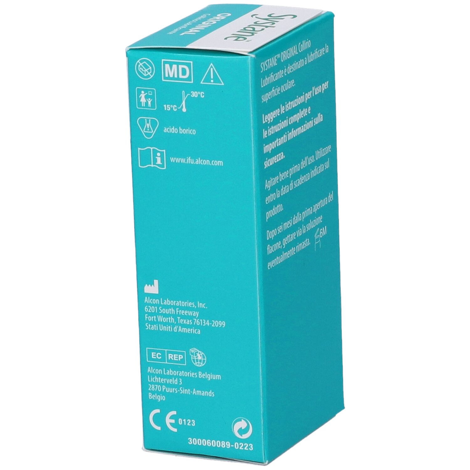 Seite der Systane Original-Verpackung. Enthält Informationen zu Hersteller und CE-Kennzeichnung.
