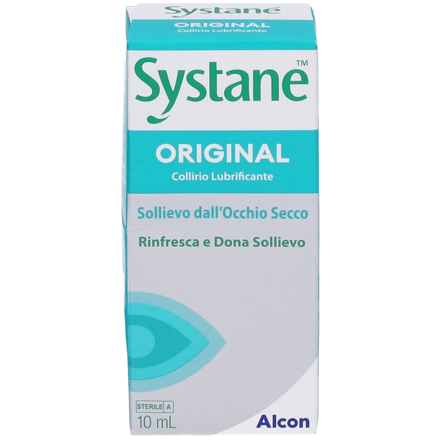 Systane Original-Verpackung. Weiß-türkisfarbener Karton mit Produktnamen und Logo. Enthält 10 ml. Alcon-Logo.