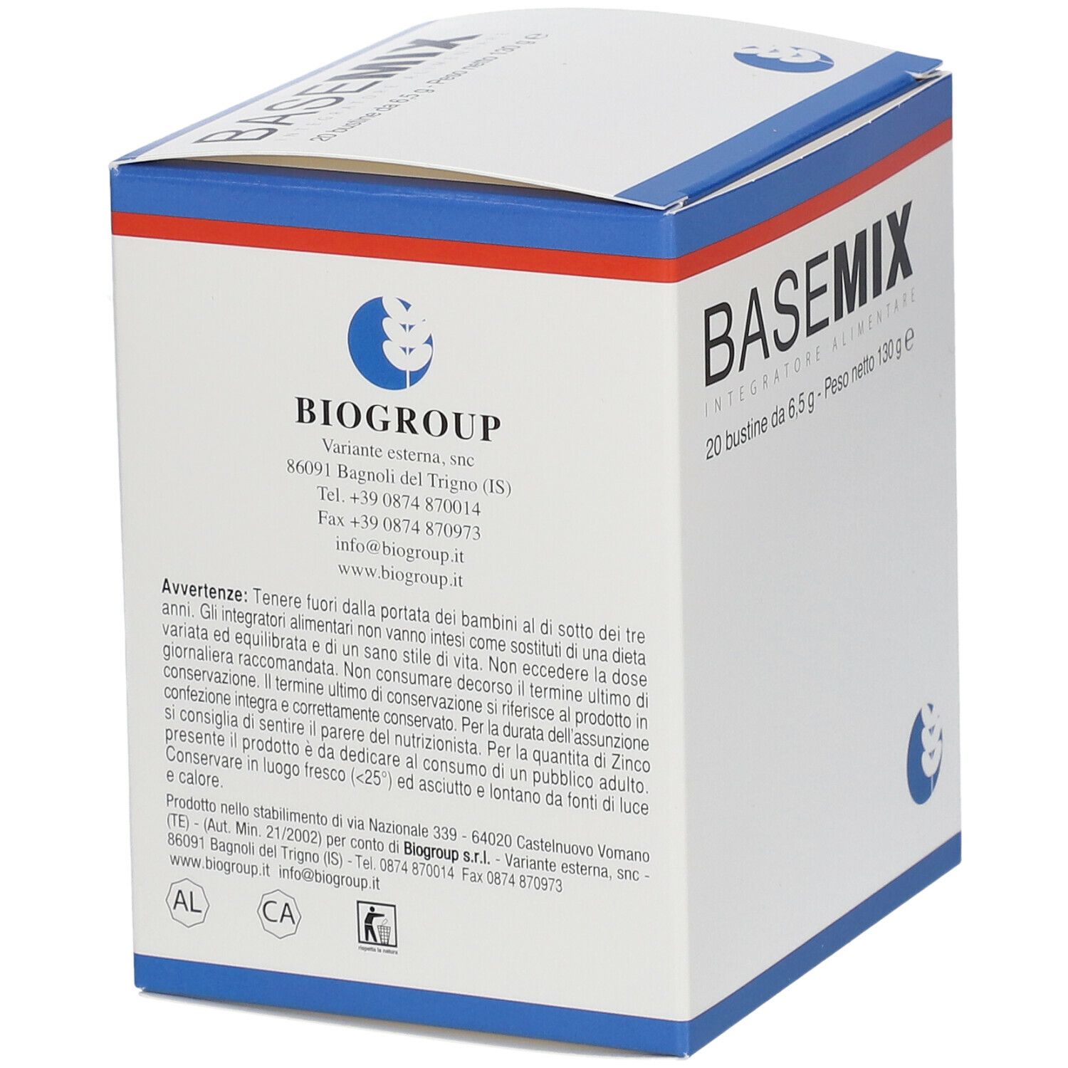 Scatola bianca con testo blu. Contiene 20 bustine. Informazioni produttore e avvertenze visibili.