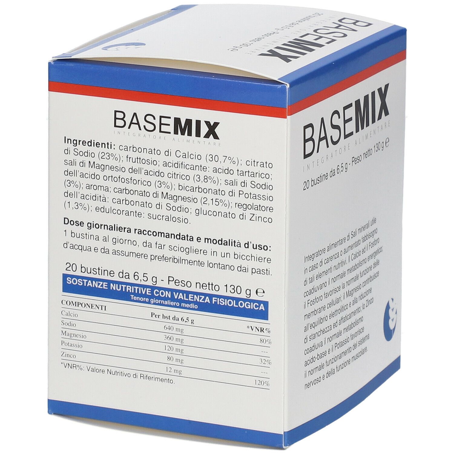 Scatola bianca con testo blu. Contiene 20 bustine. Ingredienti e informazioni nutrizionali visibili.