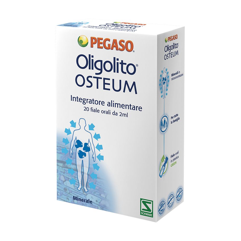 Scatola bianca con nome e logo del prodotto. Testo: Integratore alimentare, 20 fiale orali da 2ml. Illustrazione di un corpo umano.
