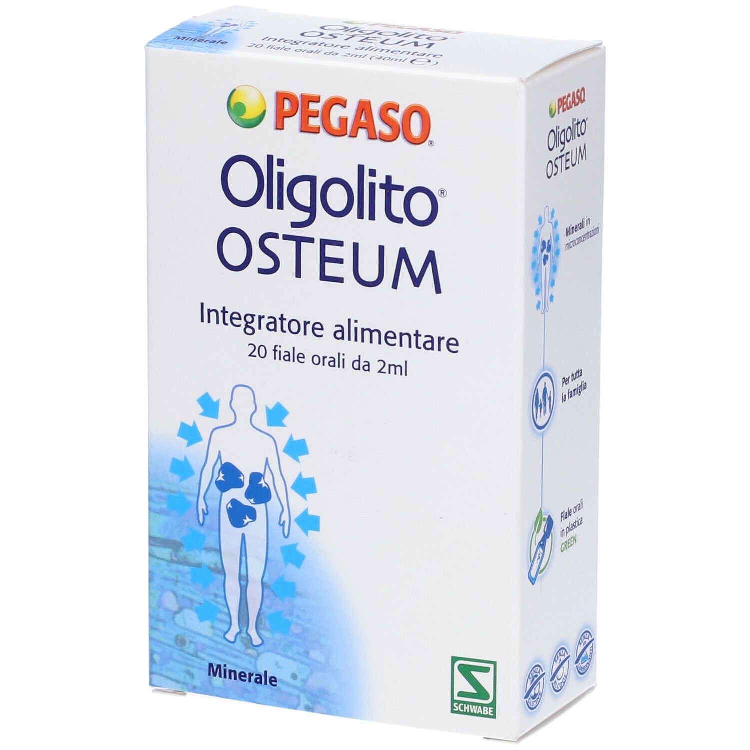 Scatola bianca con nome e logo del prodotto. Testo: Integratore alimentare, 20 fiale orali da 2ml. Illustrazione di un corpo umano.