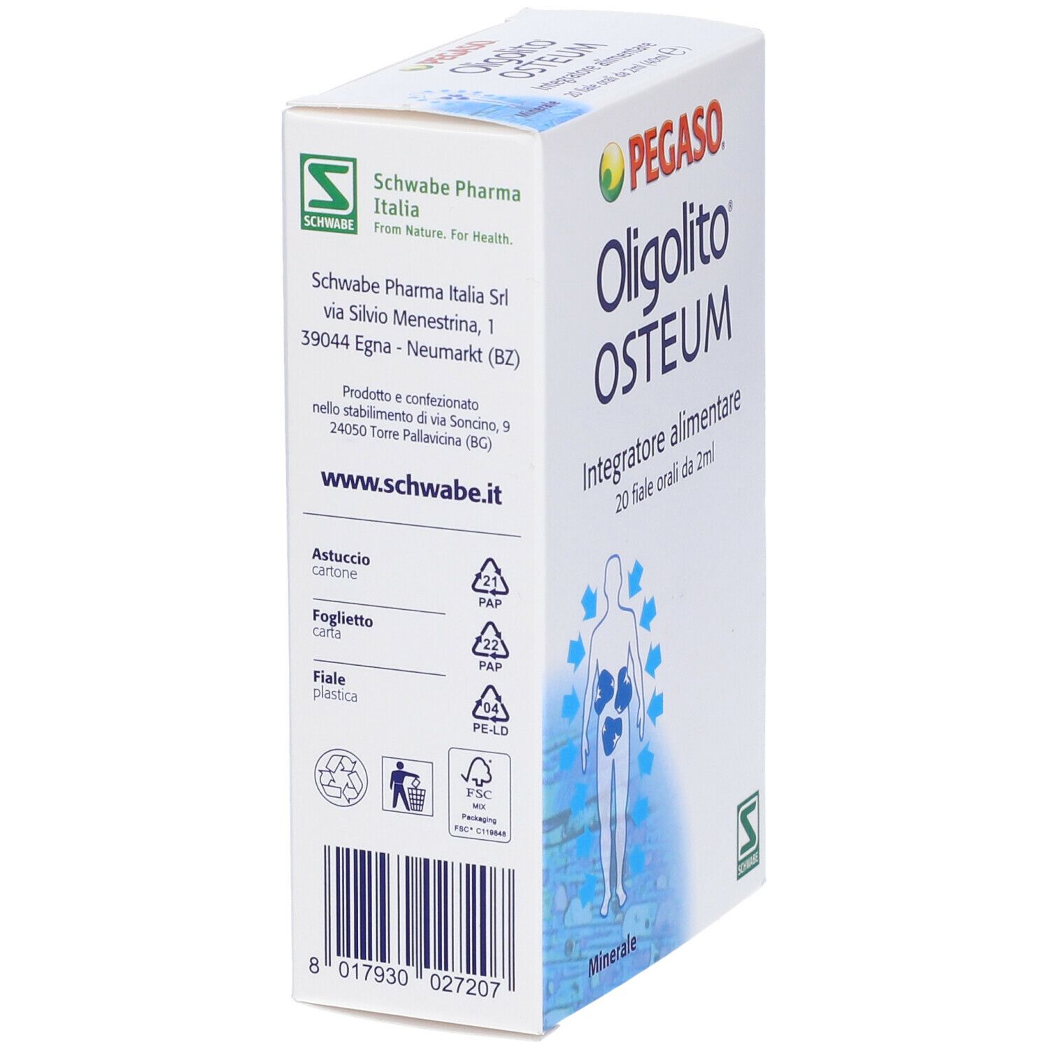 Scatola bianca con nome e logo del prodotto. Testo: Integratore alimentare, 20 fiale orali da 2ml. Retro con testo e logo.