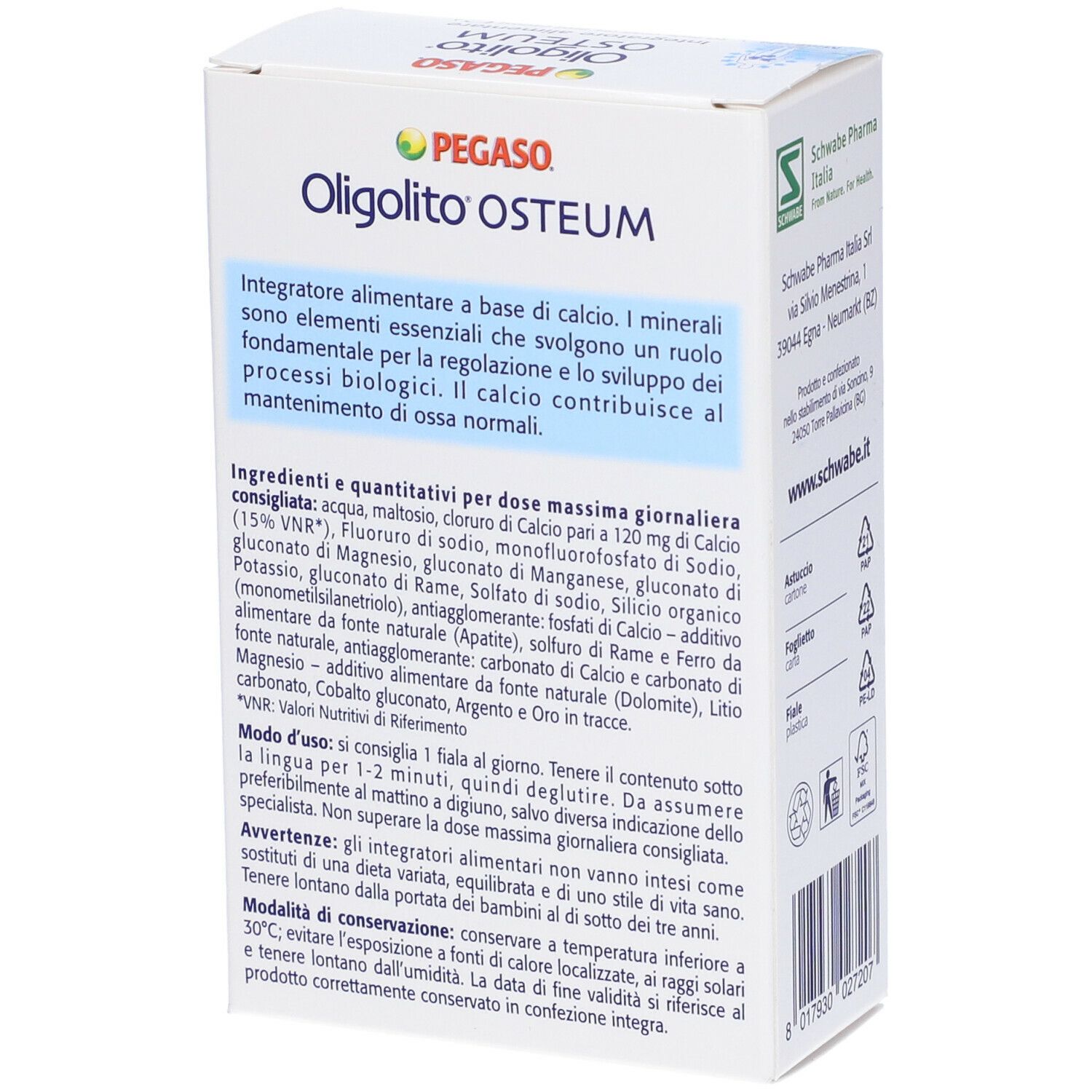 Scatola bianca con nome e logo del prodotto. Testo: Integratore alimentare, 20 fiale orali da 2ml. Retro con testo.