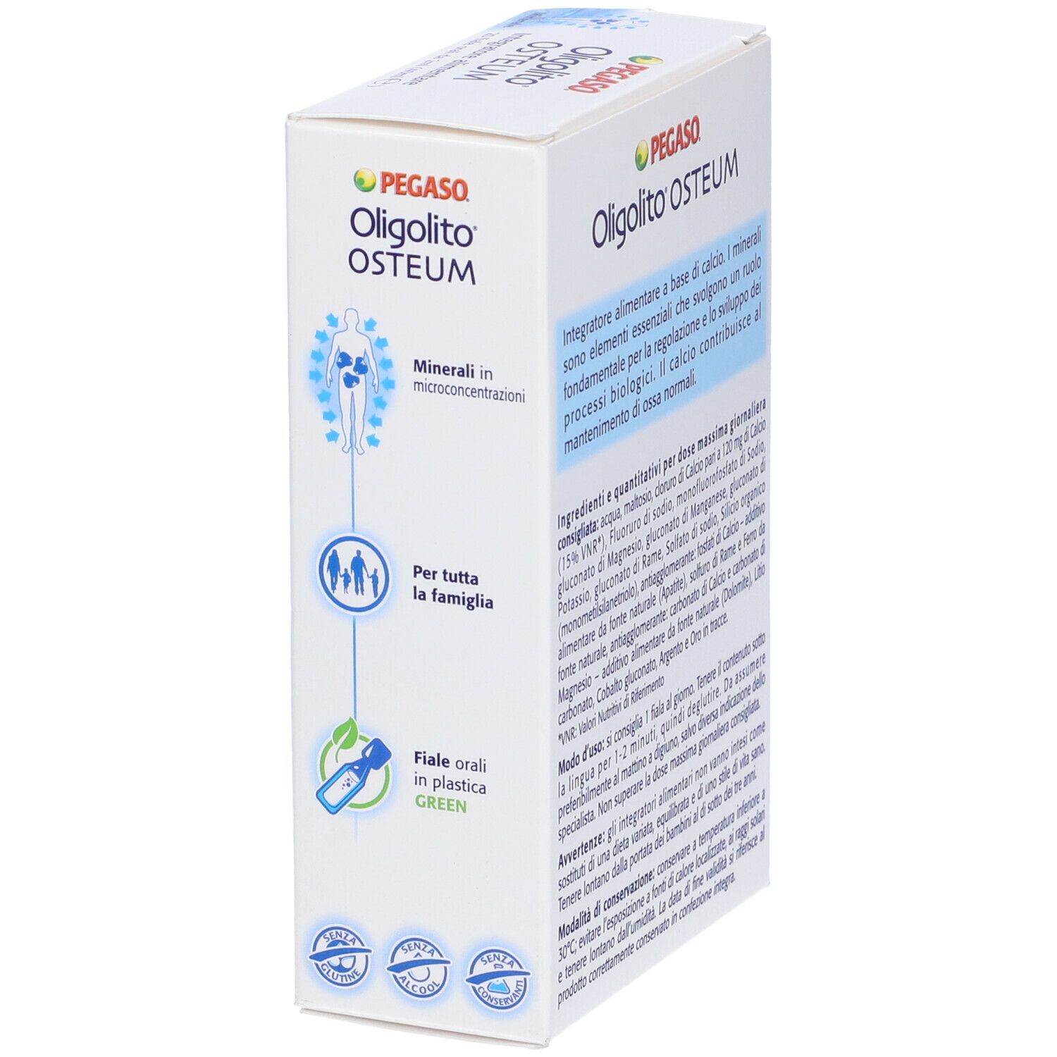 Scatola bianca con nome e logo del prodotto. Testo: Integratore alimentare, 20 fiale orali da 2ml. Lato con testo e logo.