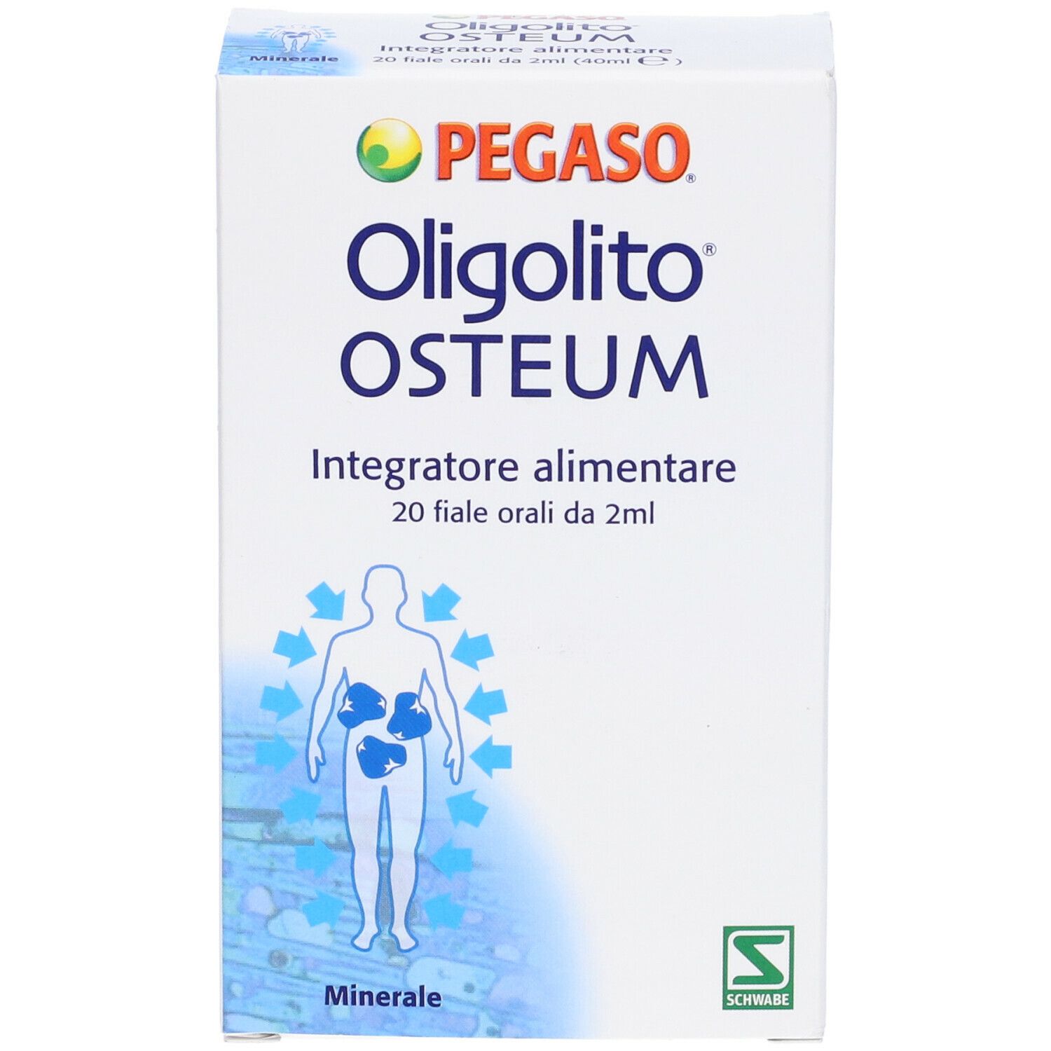 Scatola bianca con nome e logo del prodotto. Testo: Integratore alimentare, 20 fiale orali da 2ml. Lato con testo e logo.