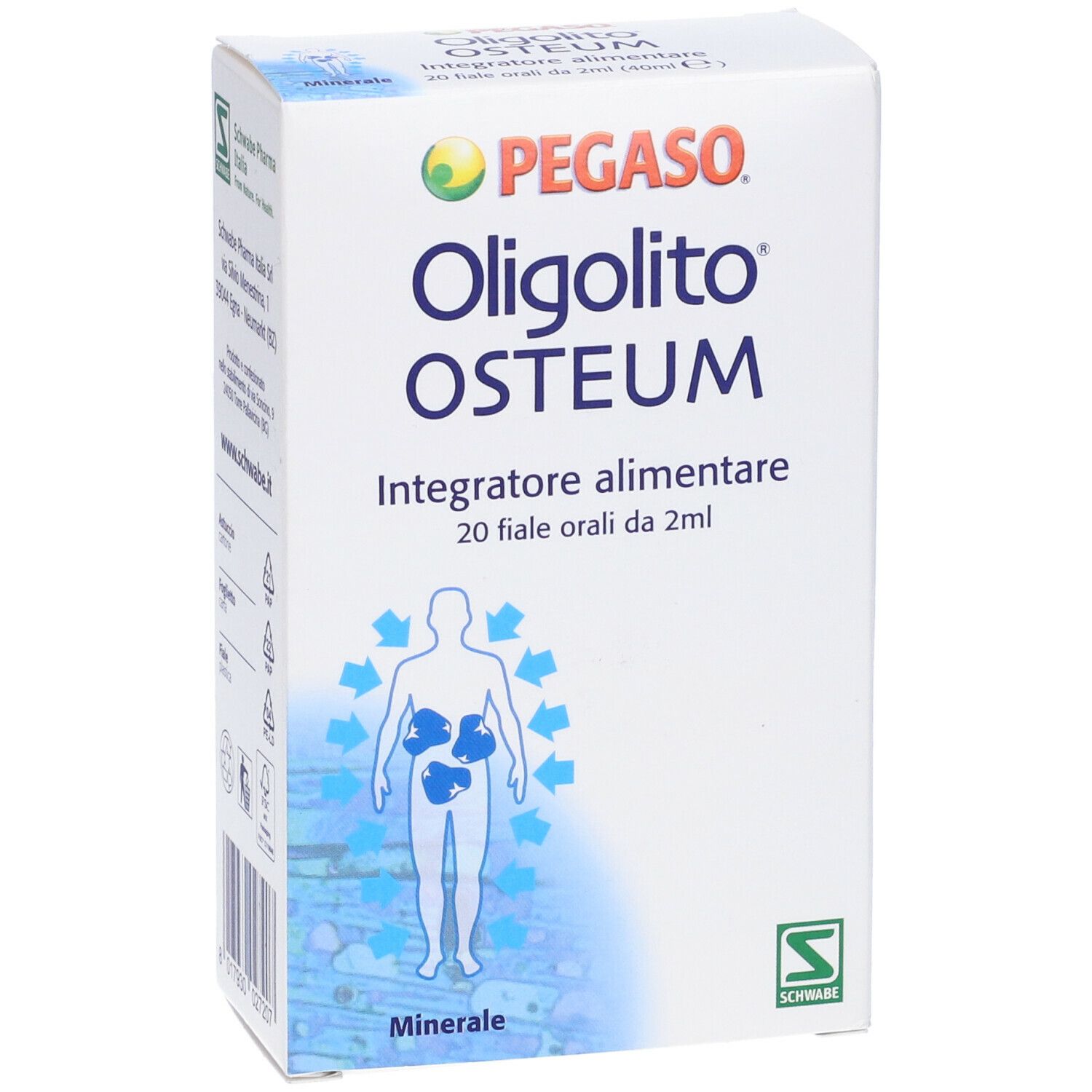 Scatola bianca con nome e logo del prodotto. Testo: Integratore alimentare, 20 fiale orali da 2ml. Illustrazione di un corpo umano.