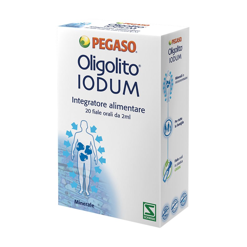 Confezione Oligolito Iodum. Scatola bianca con nome e logo del prodotto. Contiene 20 fiale. Illustrazione del corpo umano.