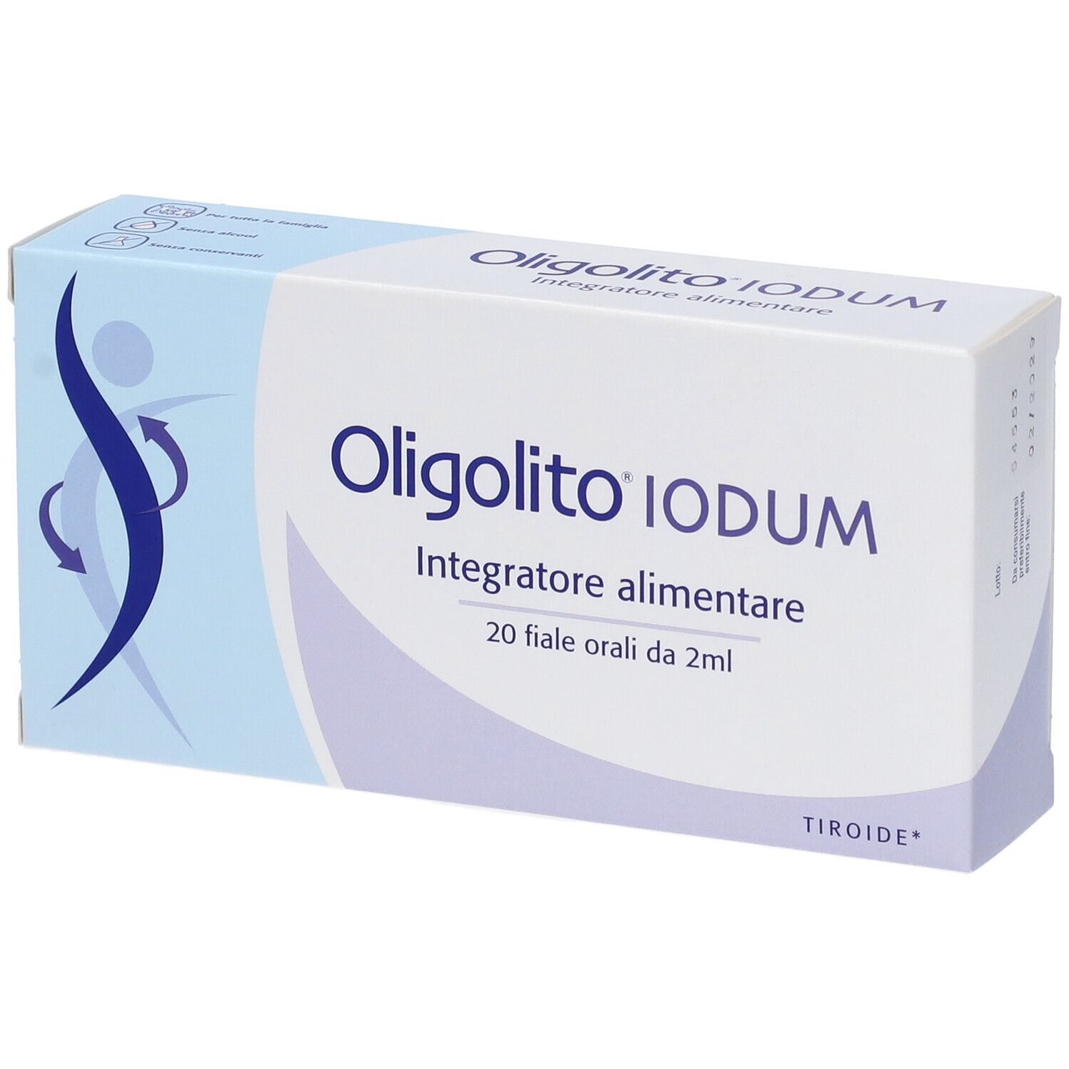 Confezione Oligolito Iodum. Scatola azzurra con nome del prodotto. Contiene 20 fiale orali. Logo con linee curve.