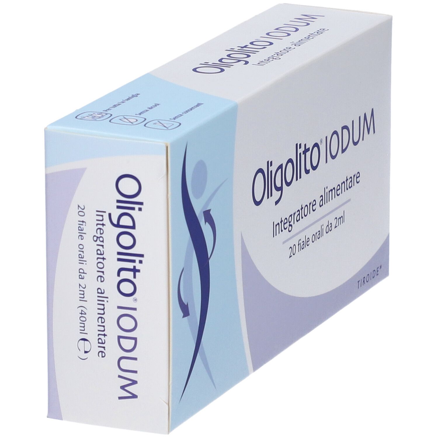 Confezione Oligolito Iodum. Scatola azzurra con nome del prodotto. Contiene 20 fiale orali. Logo con linee curve.