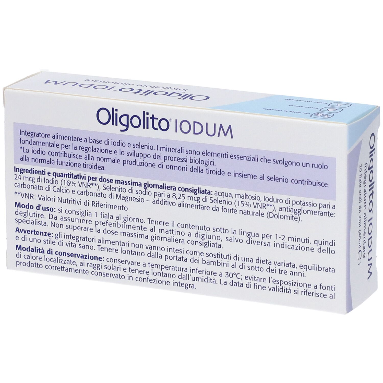 Retro della confezione Oligolito Iodum. Informazioni testuali in italiano. Contiene ingredienti e istruzioni per l'uso.