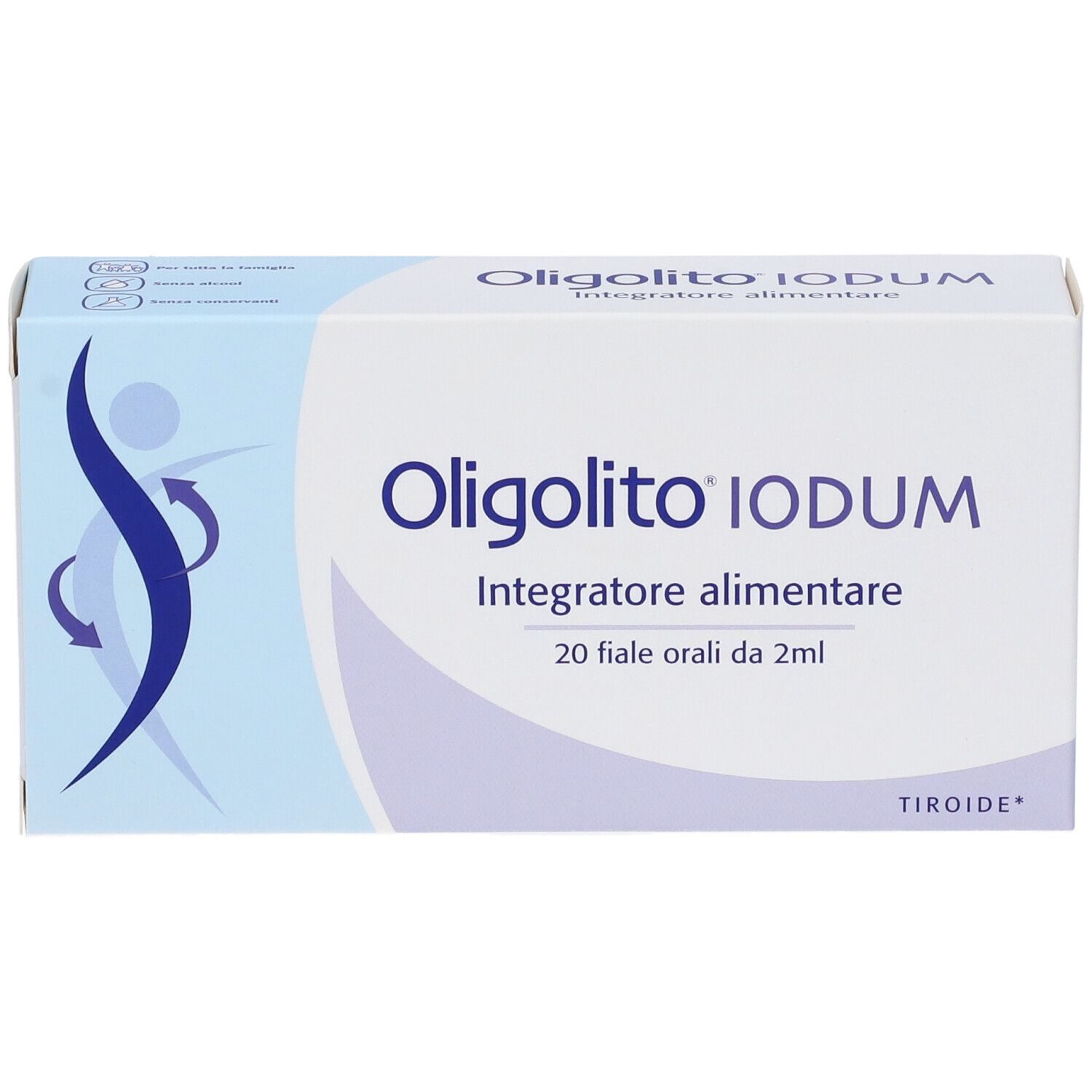 Confezione Oligolito Iodum. Scatola azzurra con nome del prodotto. Contiene 20 fiale orali. Logo con linee curve.
