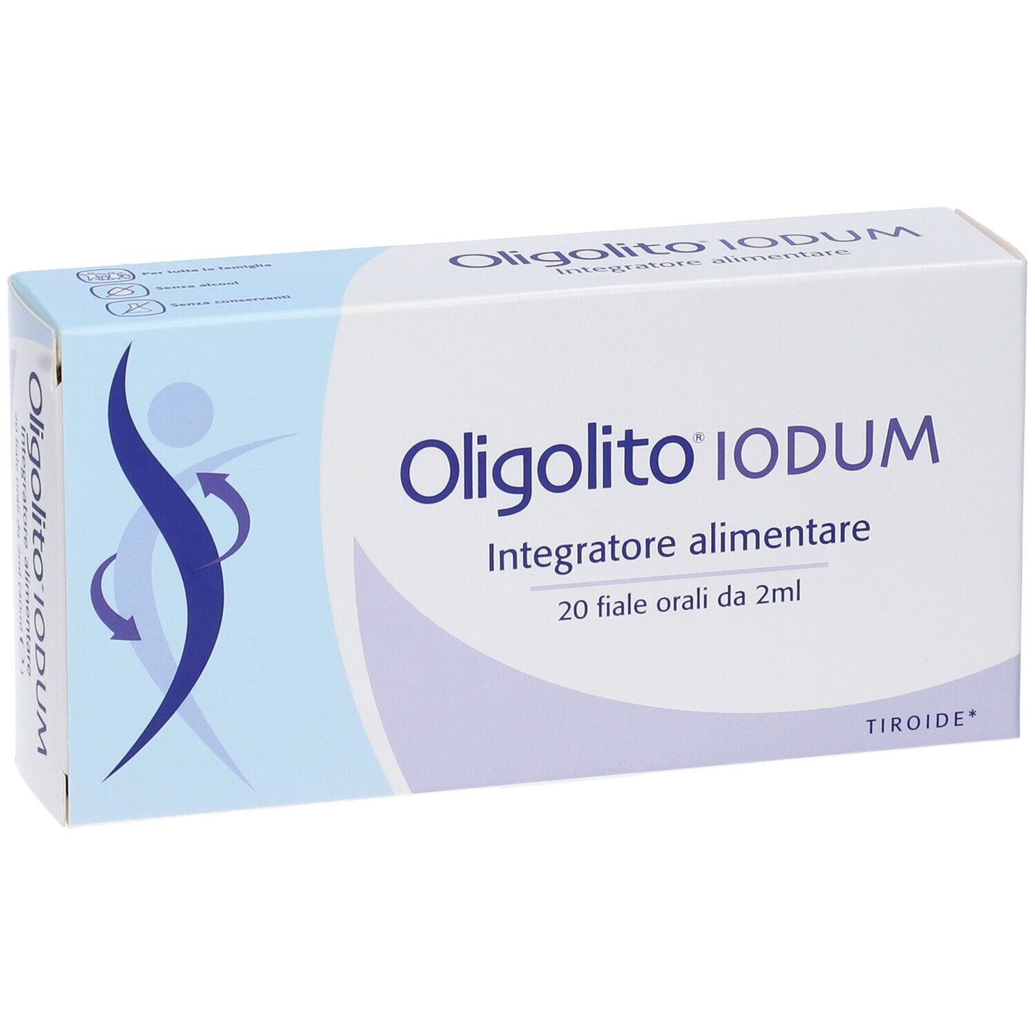 Confezione Oligolito Iodum. Scatola azzurra con nome del prodotto. Contiene 20 fiale orali. Logo con linee curve.