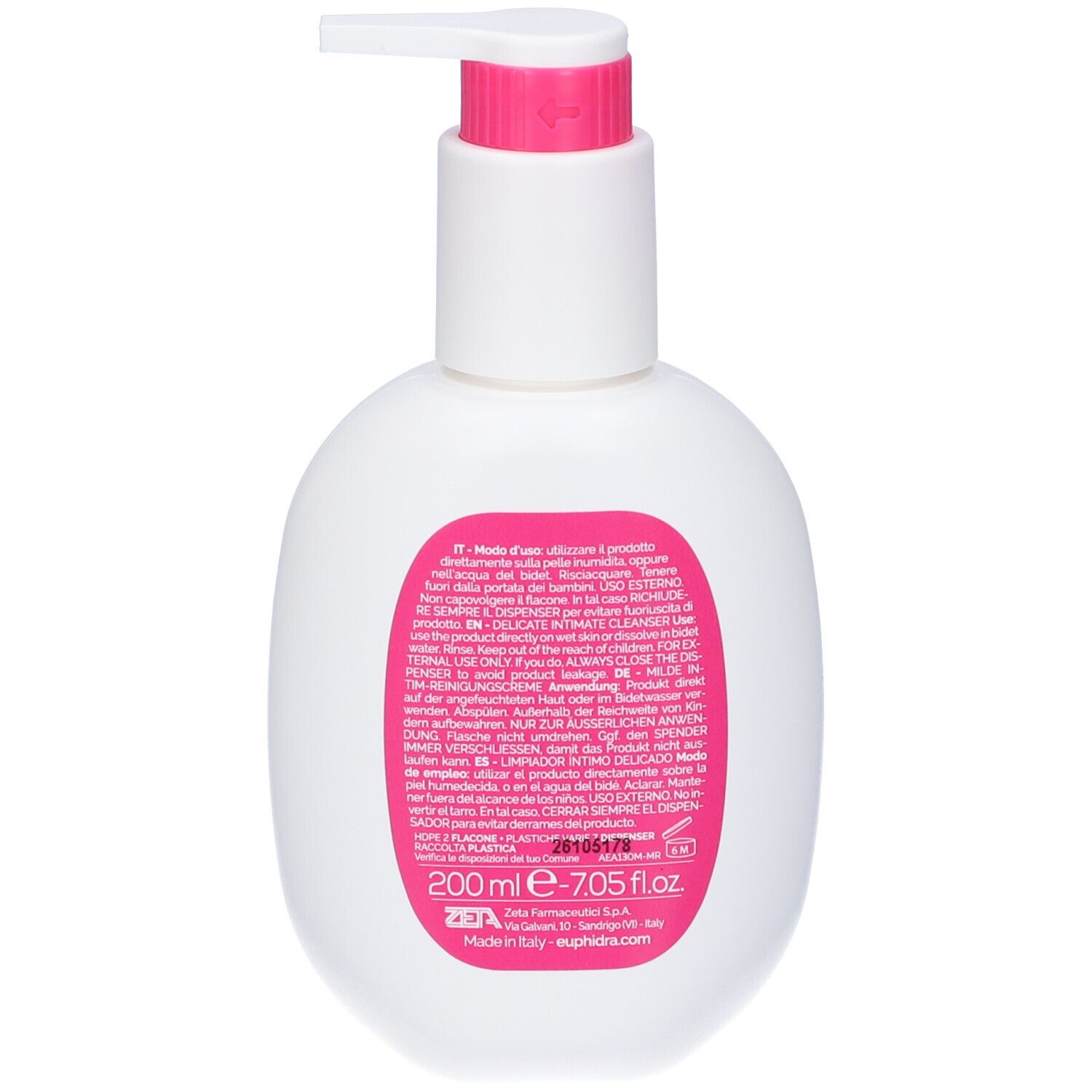 Rückseite einer weißen Flasche mit Pumpverschluss. Rosa Etikett mit Produktinformationen und Text.