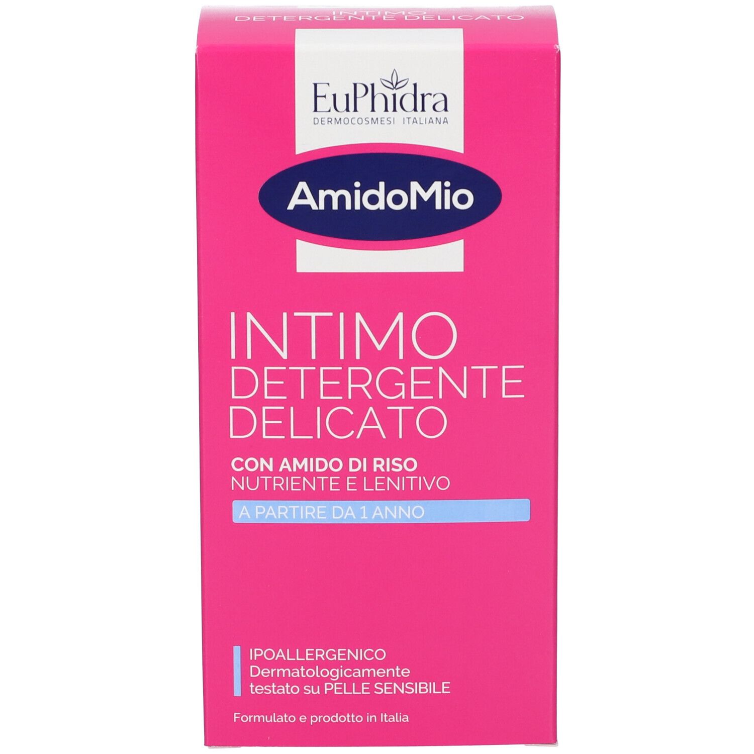 Rosa Schachtel mit Produktinformationen und Logo. Auf der Vorderseite steht 'Intimo detergente delicato'.