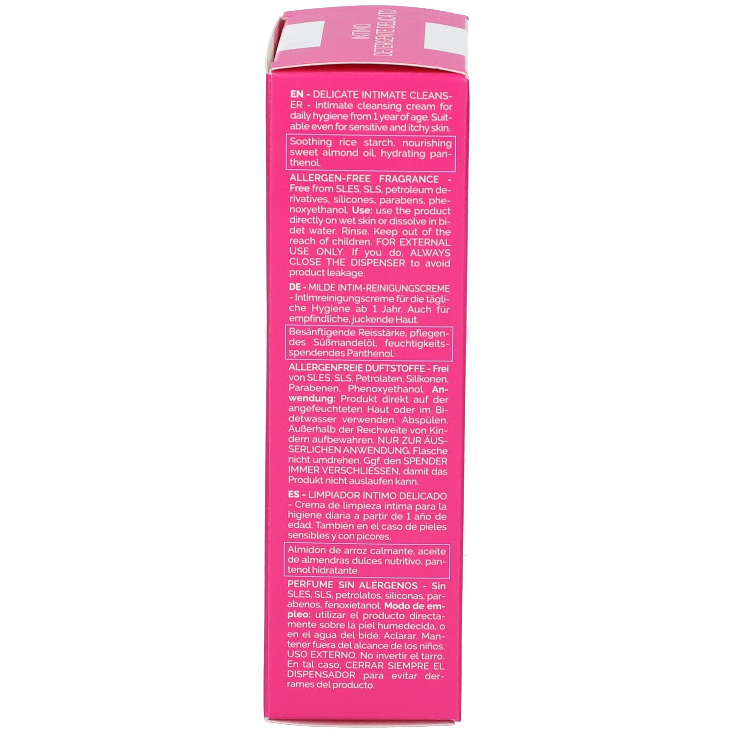 Rosa Schachtel mit Text und Produktinformationen. Enthält Informationen zu Inhaltsstoffen und Anwendung.