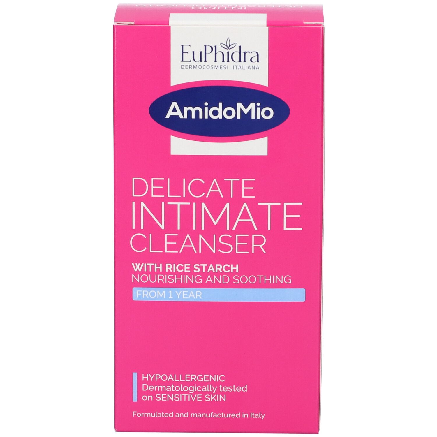 Rosa Schachtel mit Produktinformationen und Logo. Auf der Vorderseite steht 'Intimo detergente delicato'.