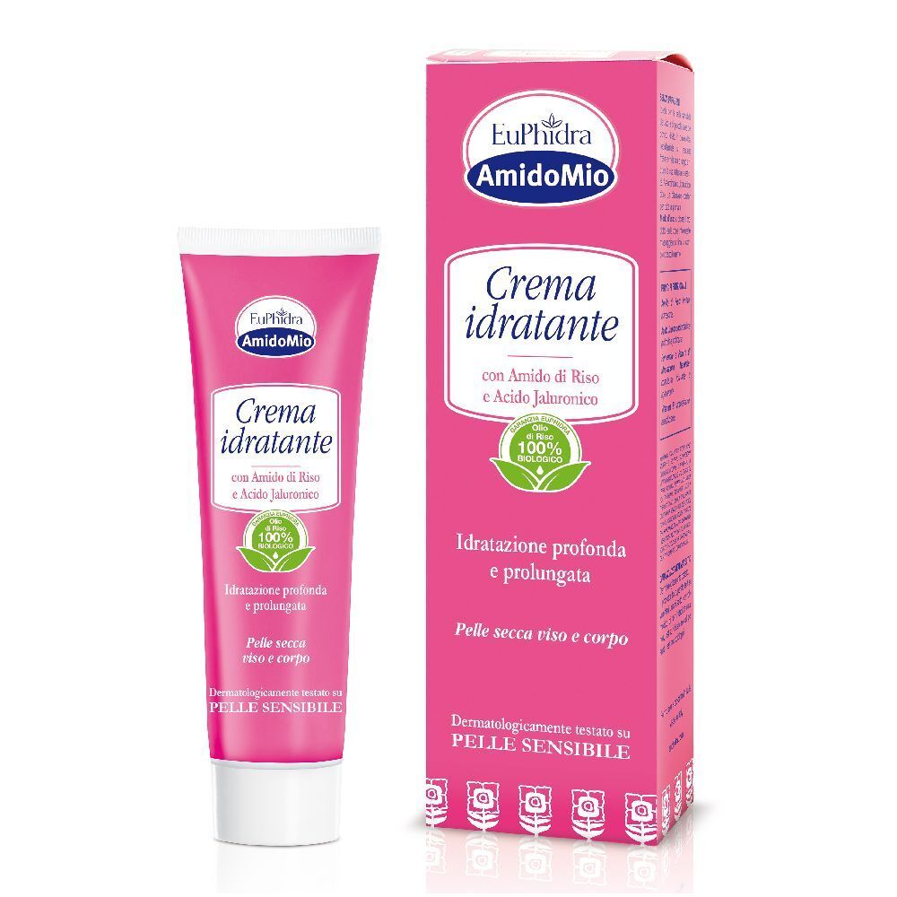 Tubo rosa con tappo bianco. Scritta: EuPhidra AmidoMio, Crema idratante. 100% naturale.