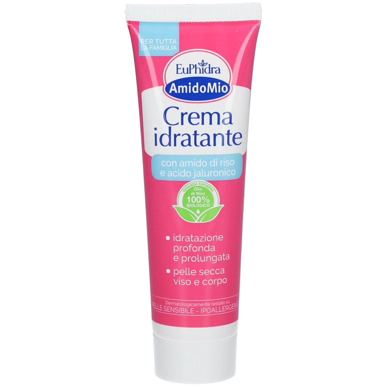 Tubo rosa con tappo bianco. Scritta: EuPhidra AmidoMio, Crema idratante. 100% naturale.