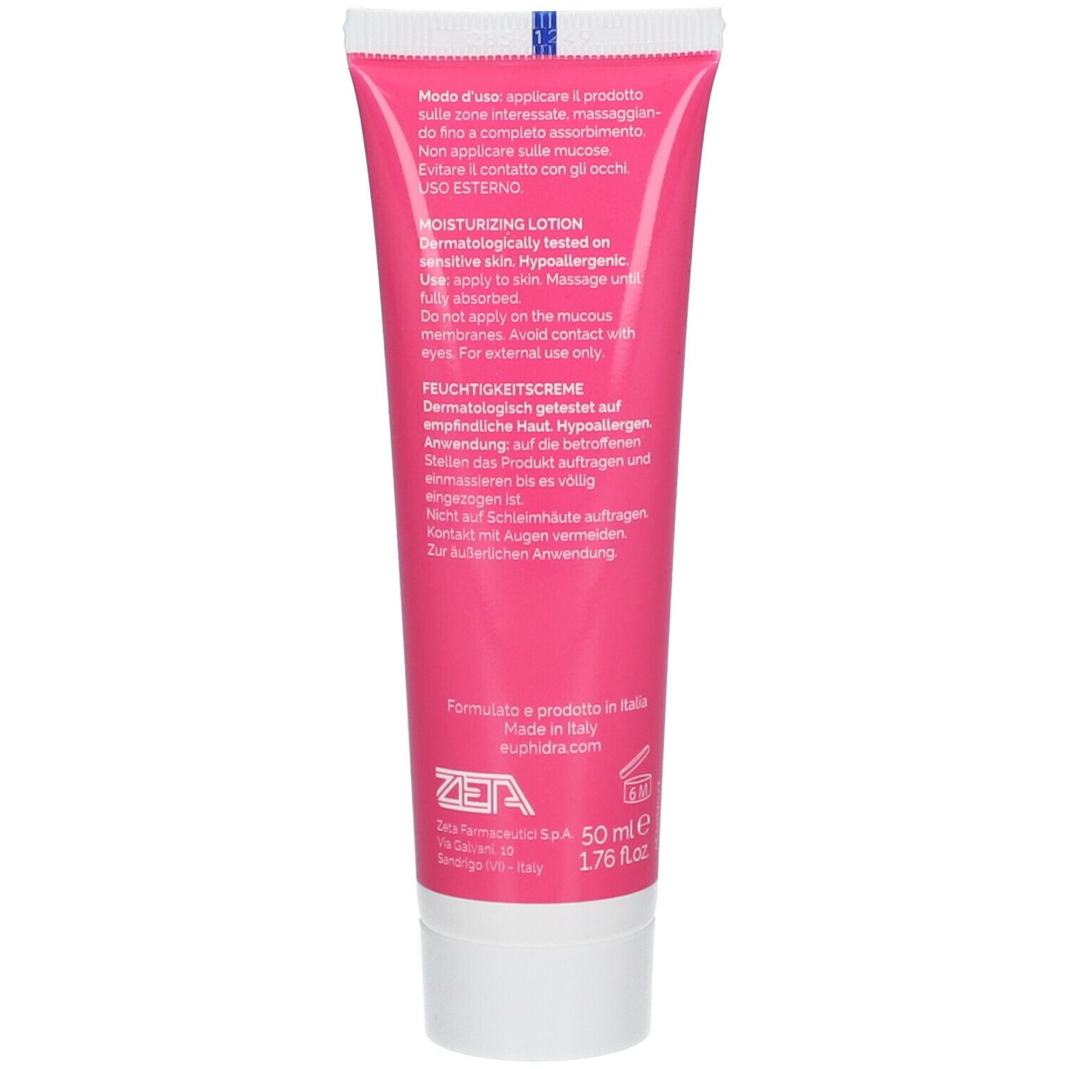 Retro del tubo rosa. Testo in italiano, tedesco e inglese. Tappo bianco.