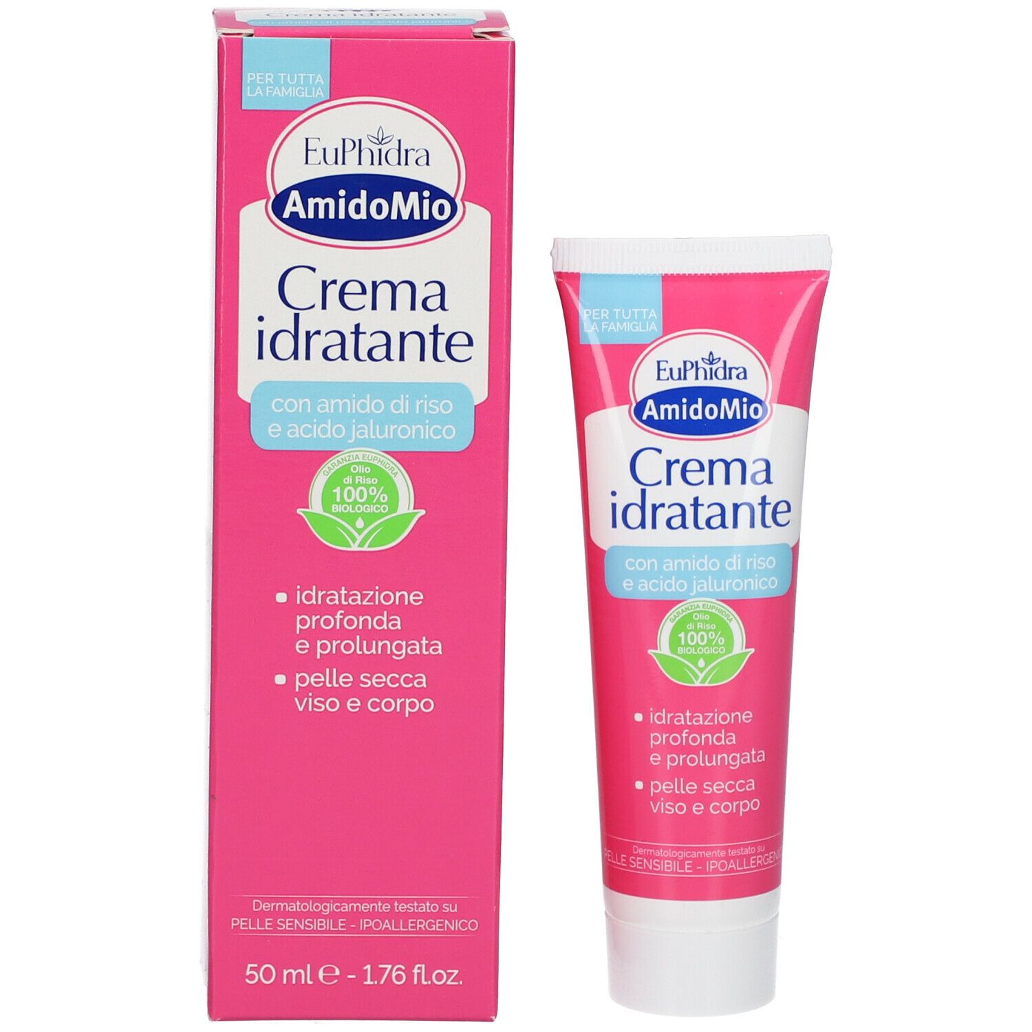 Confezione e tubo del prodotto. Confezione rosa con testo bianco. Tubo con tappo bianco.