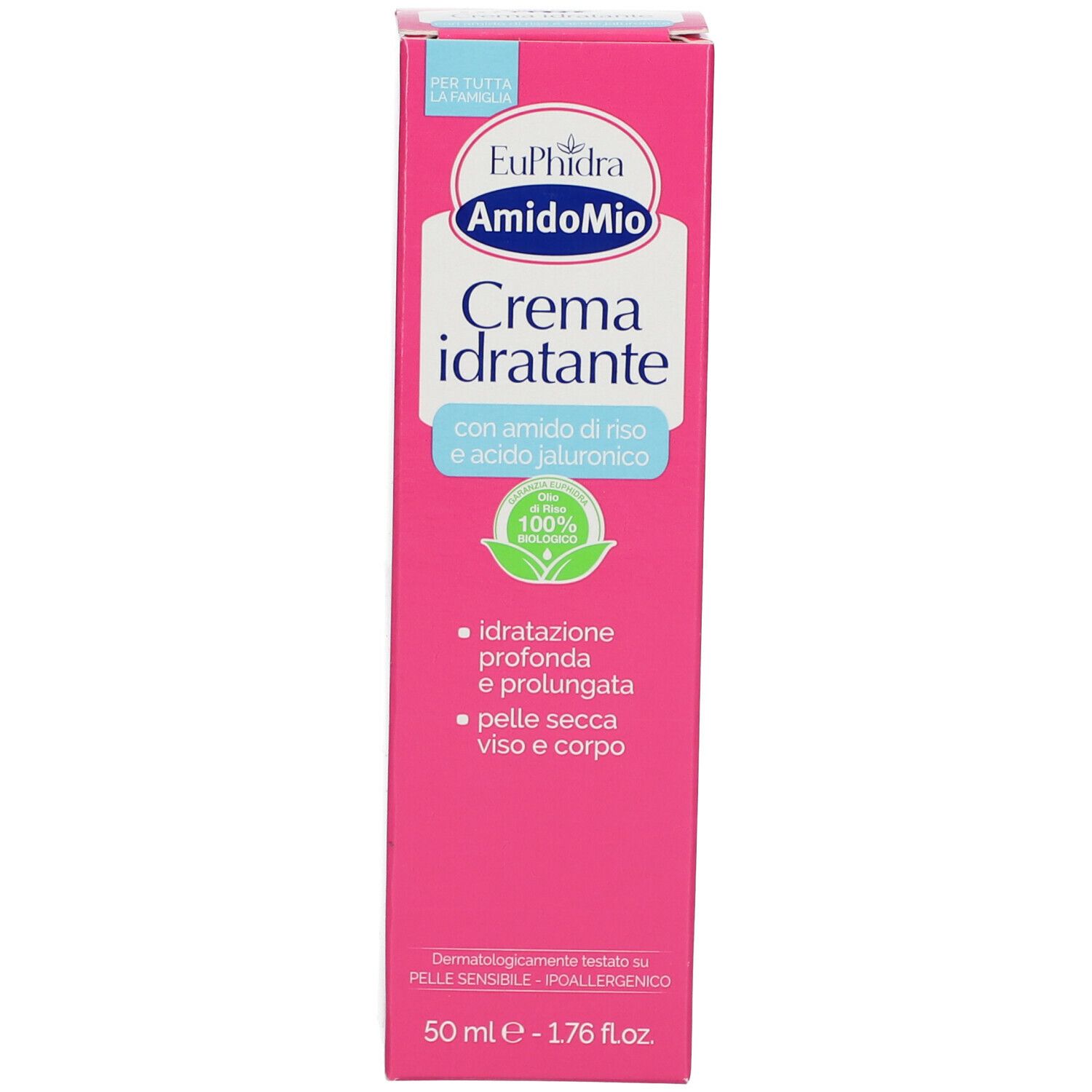 Confezione rosa del prodotto. Scritta: EuPhidra AmidoMio, Crema idratante. 100% naturale.