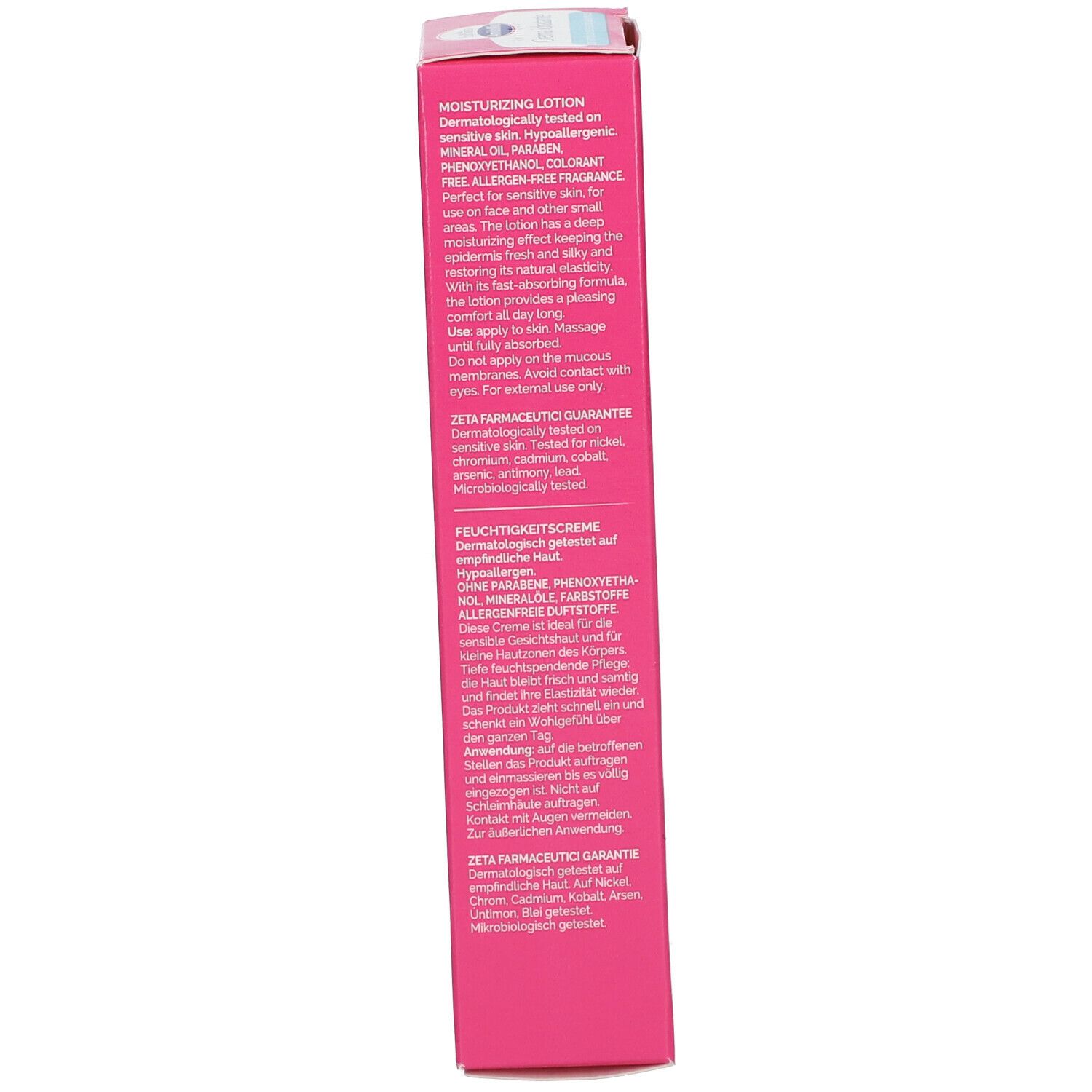 Retro della confezione rosa del prodotto. Testo in italiano, tedesco e inglese.