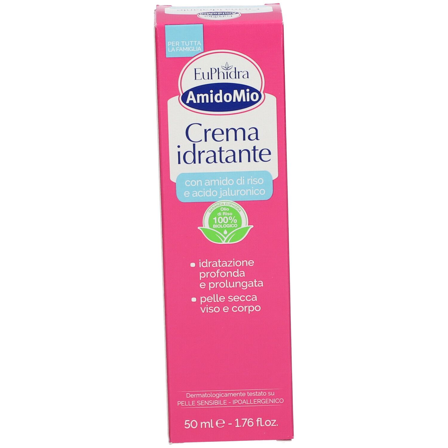 Confezione rosa del prodotto. Scritta: EuPhidra AmidoMio, Crema idratante. 100% naturale.