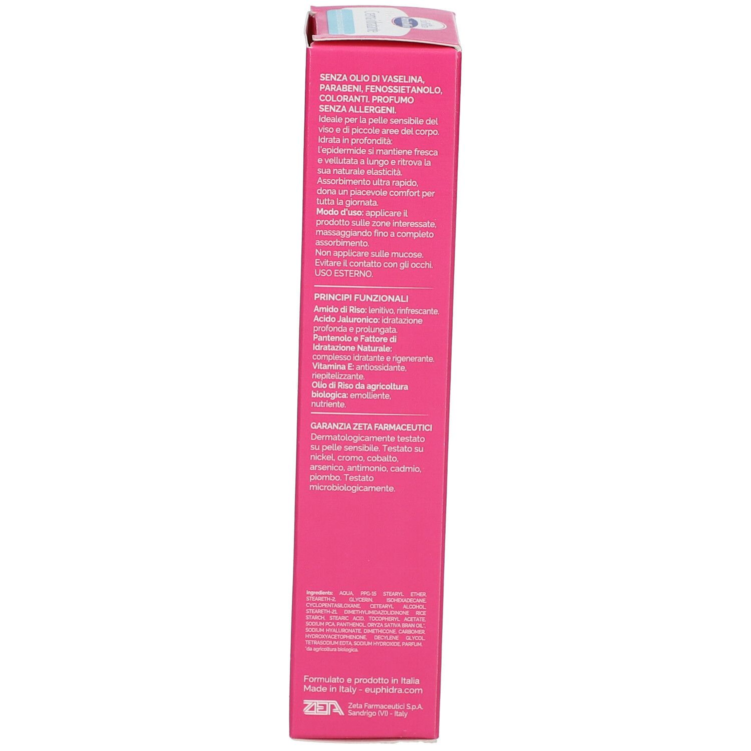 Lato della confezione rosa del prodotto. Testo in italiano.