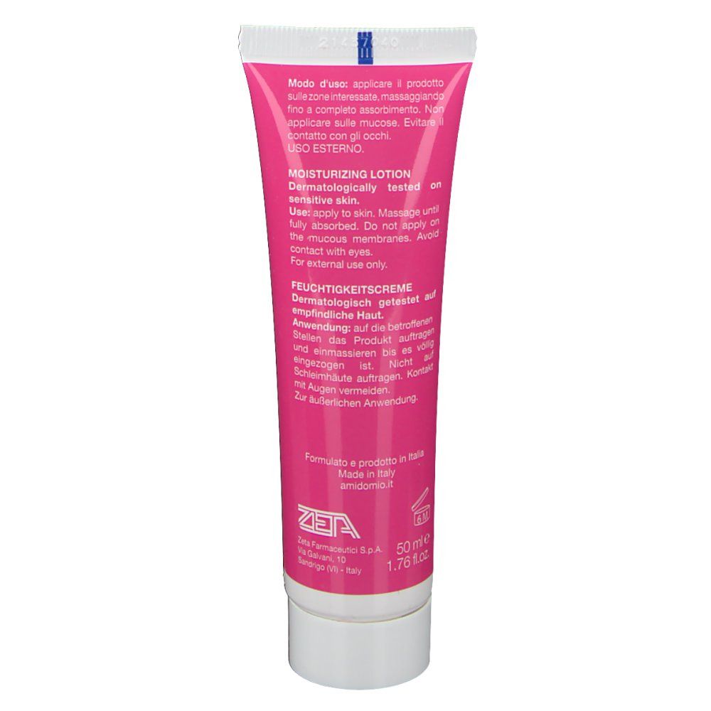 Retro del tubo rosa. Testo in italiano, tedesco e inglese. Tappo bianco.