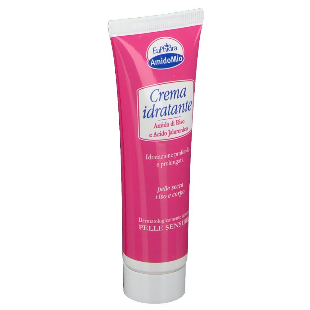 Tubo rosa con tappo bianco. Scritta: EuPhidra AmidoMio, Crema idratante. 100% naturale.