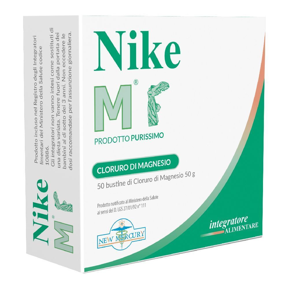 Scatola bianca Nike M. Testo verde: Cloruro di Magnesio, 50 Bustine. Scritto: Integratore Alimentare. Prodotto purissimo.