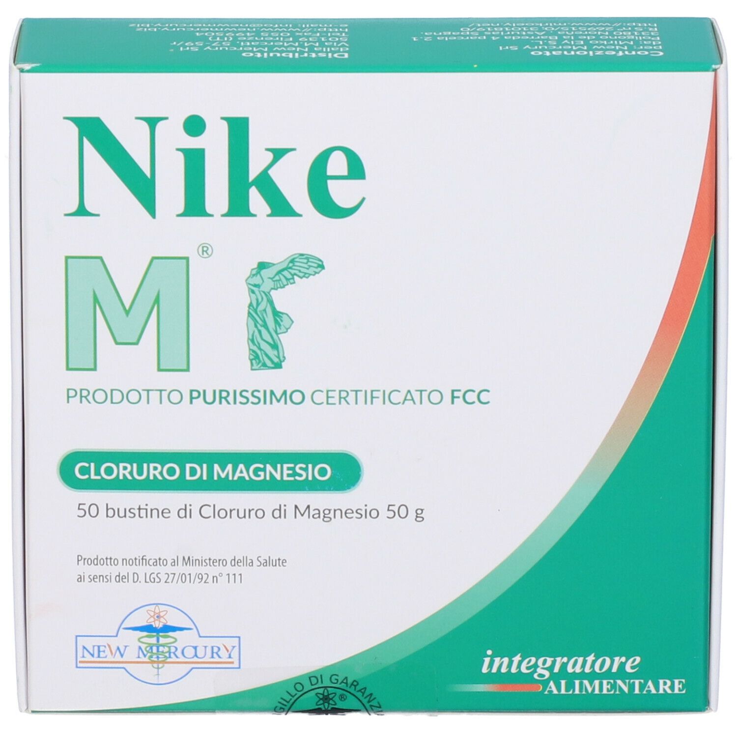 Scatola bianca Nike M. Testo verde: Cloruro di Magnesio, 50 Bustine. Scritto: Integratore Alimentare. Certificato FCC.