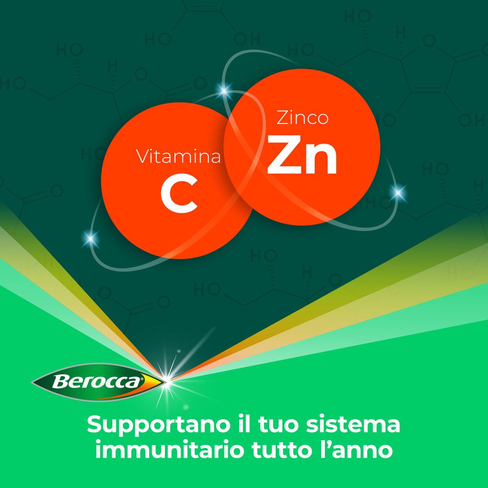 Zwei orangefarbene Kreise mit Vitamin C und Zink. Berocca-Logo. Text über Immunsystem.