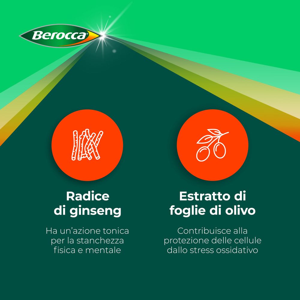 Zwei orangefarbene Symbole: Ginsengwurzel und Olivenblätter. Berocca-Logo. Texte.