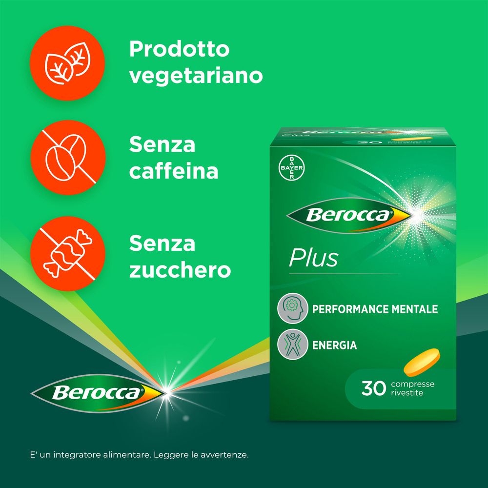 Grüne Schachtel mit Berocca Plus. Produktmerkmale: vegetarisch, ohne Koffein, ohne Zucker.