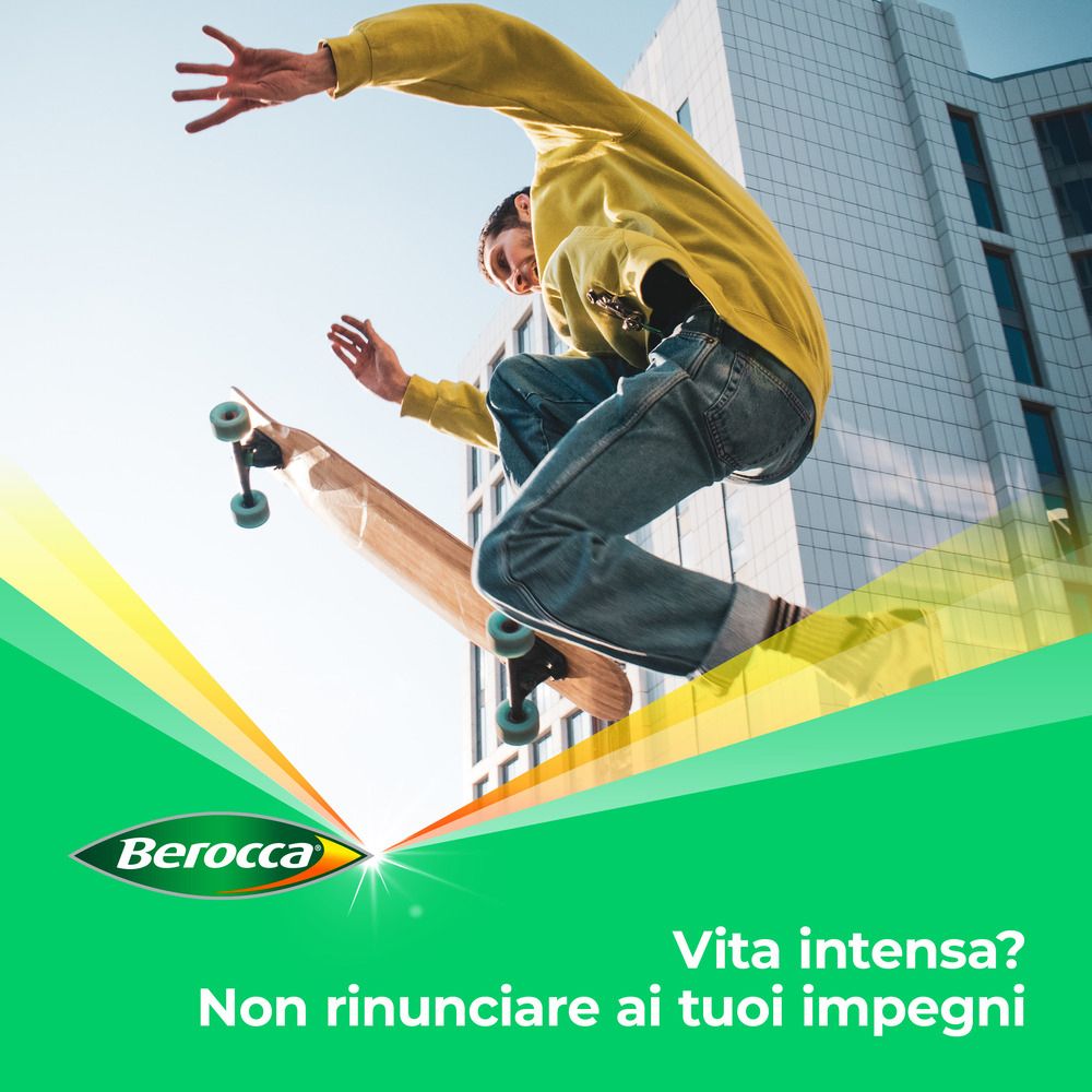 Mann auf einem Skateboard. Berocca-Logo. Text: Intensives Leben? Verzicht nicht.