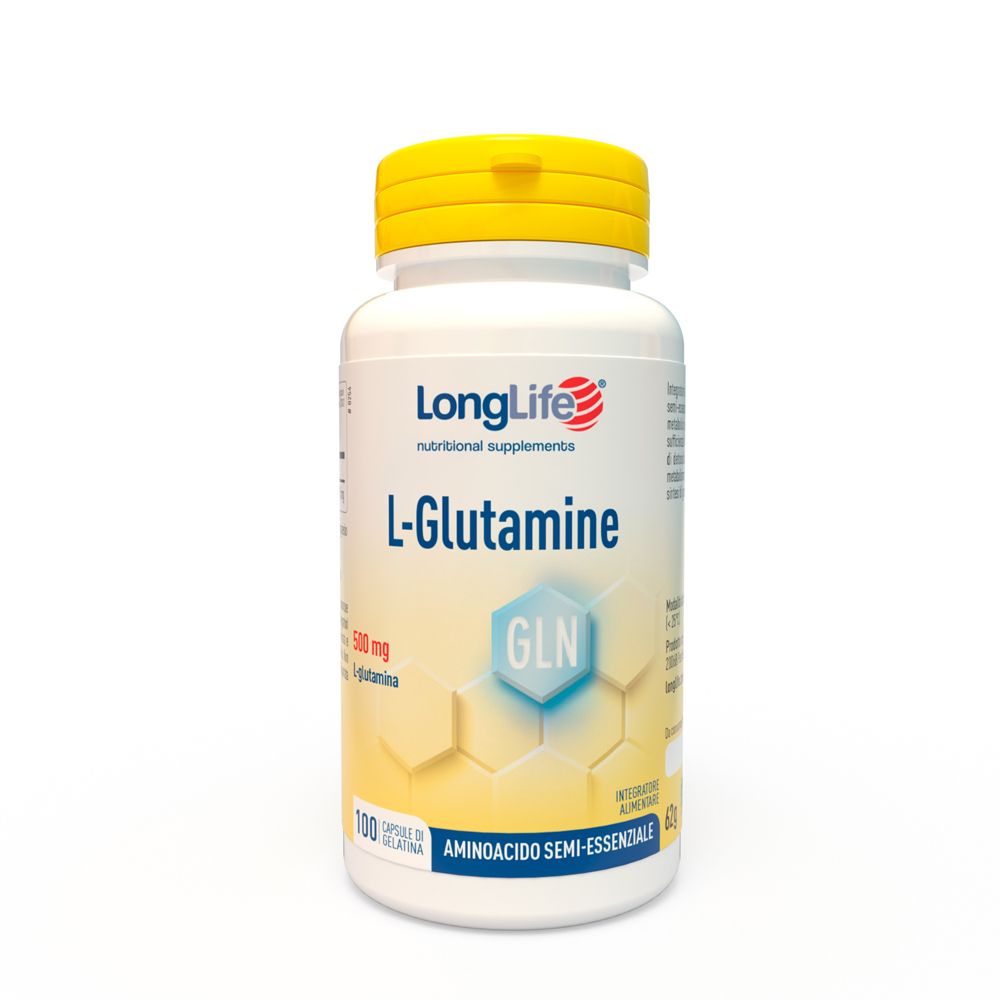 Flacone bianco con tappo giallo. Scritta: LongLife L-Glutamine, 100 capsule. 500 mg L-Glutammina. Aminoacido semi-essenziale.