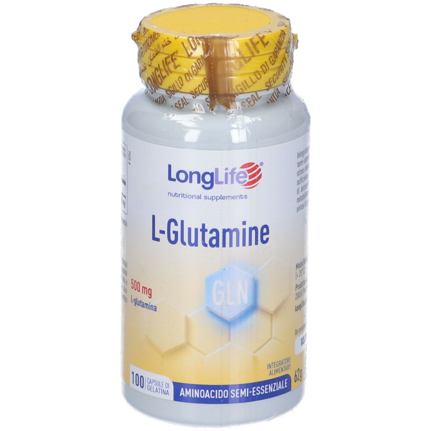 Flacone bianco con tappo giallo e sigillo. Scritta: LongLife L-Glutamine, 100 capsule. 500 mg L-Glutammina. Aminoacido semi-essenziale.