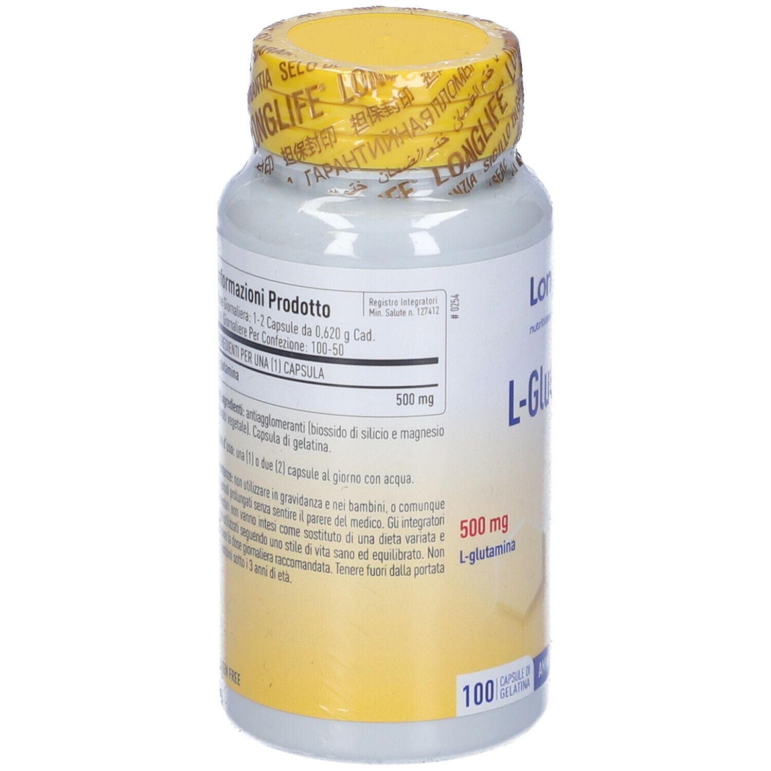 Retro del flacone. Scritta: Informazioni prodotto, ingredienti, modo d'uso. 500 mg L-Glutammina. 100 capsule.