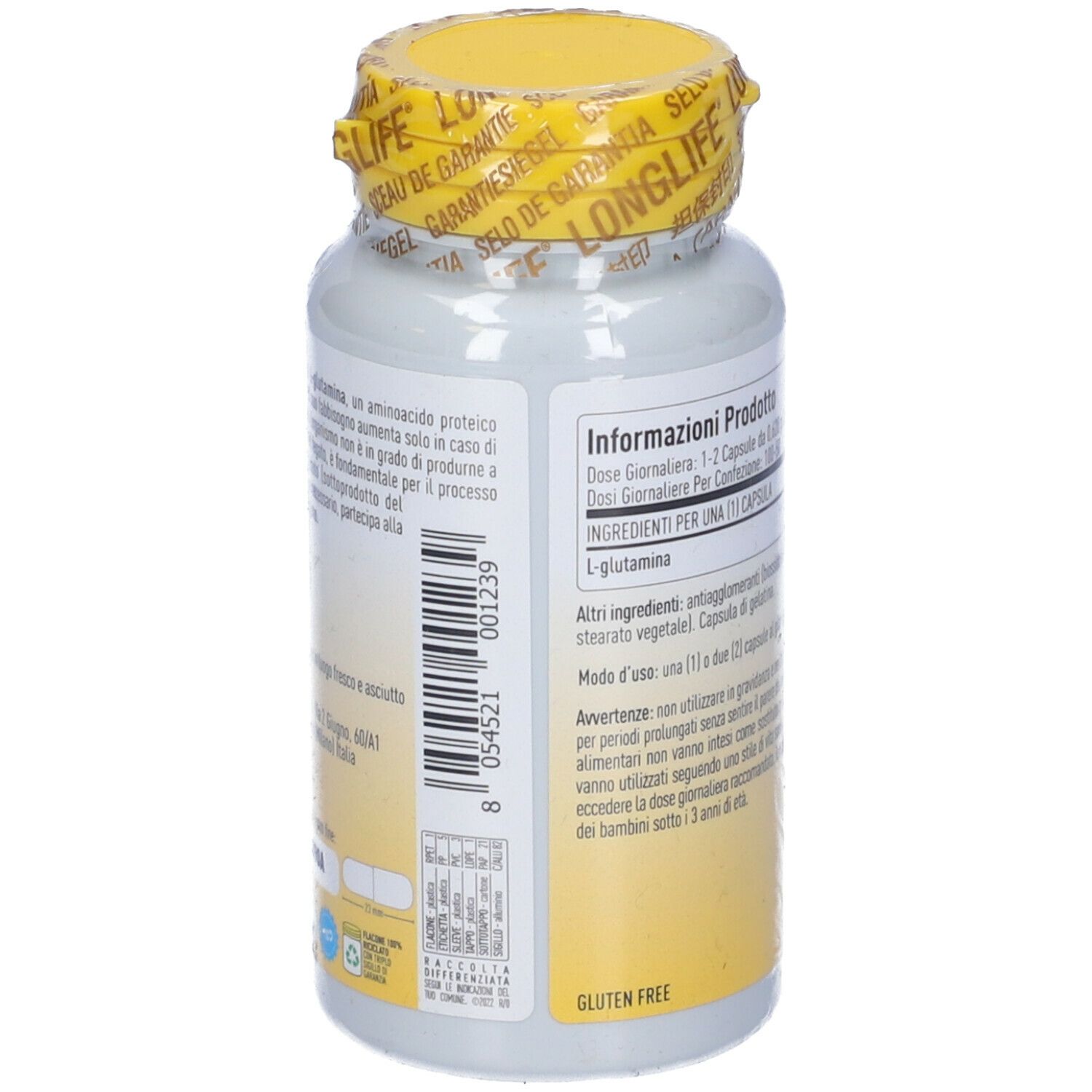 Retro del flacone. Scritta: Informazioni prodotto, ingredienti, modo d'uso. Senza glutine.