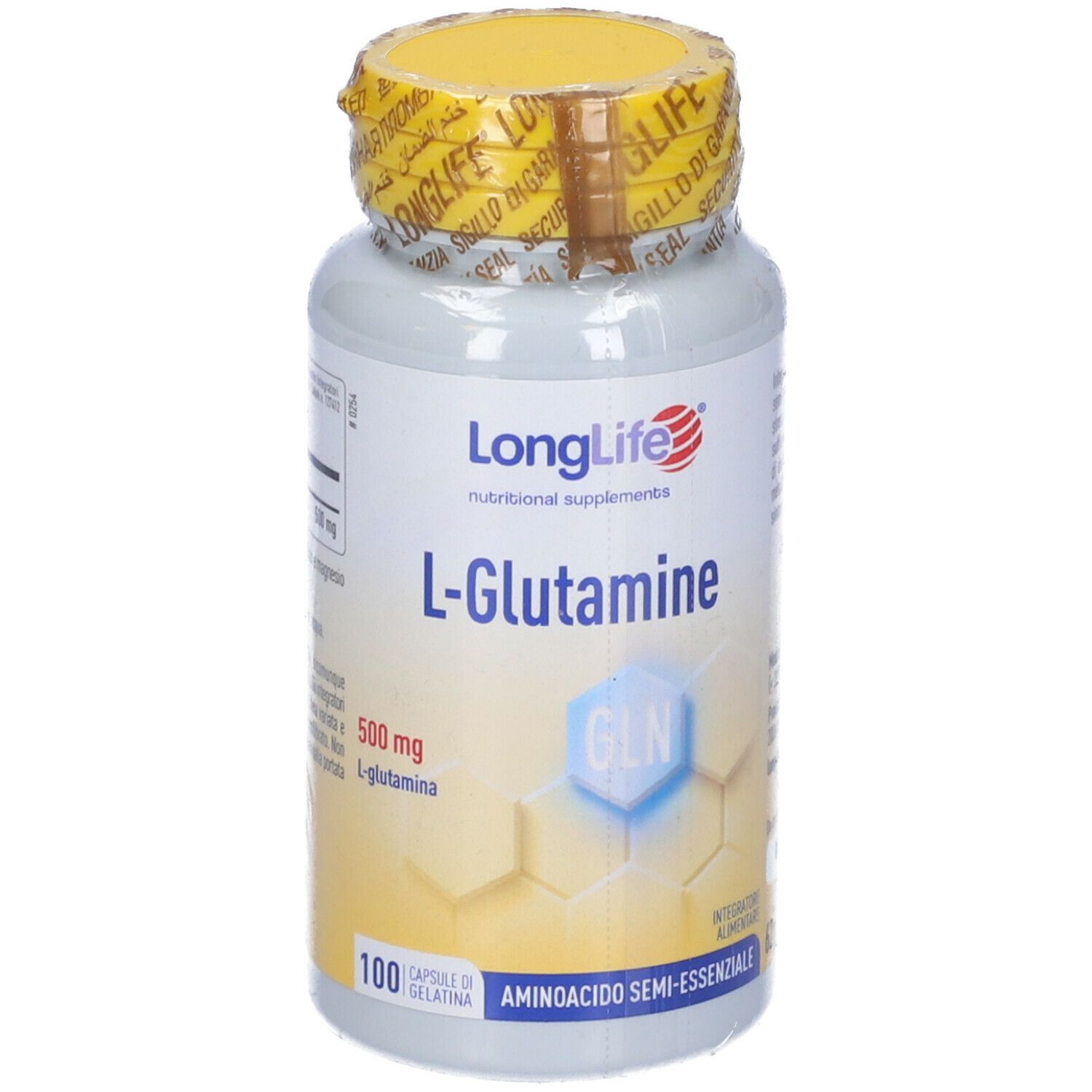 Flacone bianco con tappo giallo e sigillo. Scritta: LongLife L-Glutamine, 100 capsule. 500 mg L-Glutammina. Aminoacido semi-essenziale.