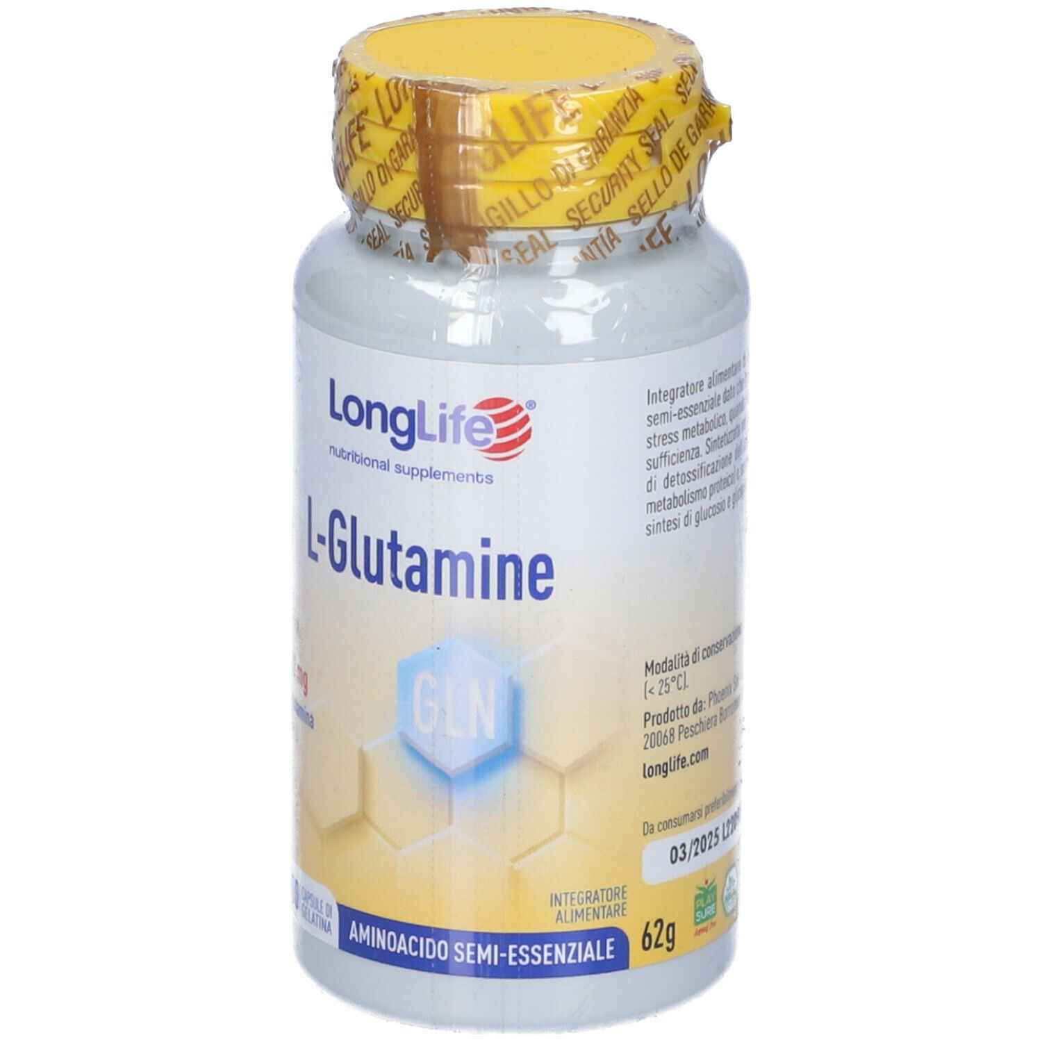Flacone bianco con tappo giallo e sigillo. Scritta: LongLife L-Glutamine, 100 capsule. 500 mg L-Glutammina. Aminoacido semi-essenziale. 62g.