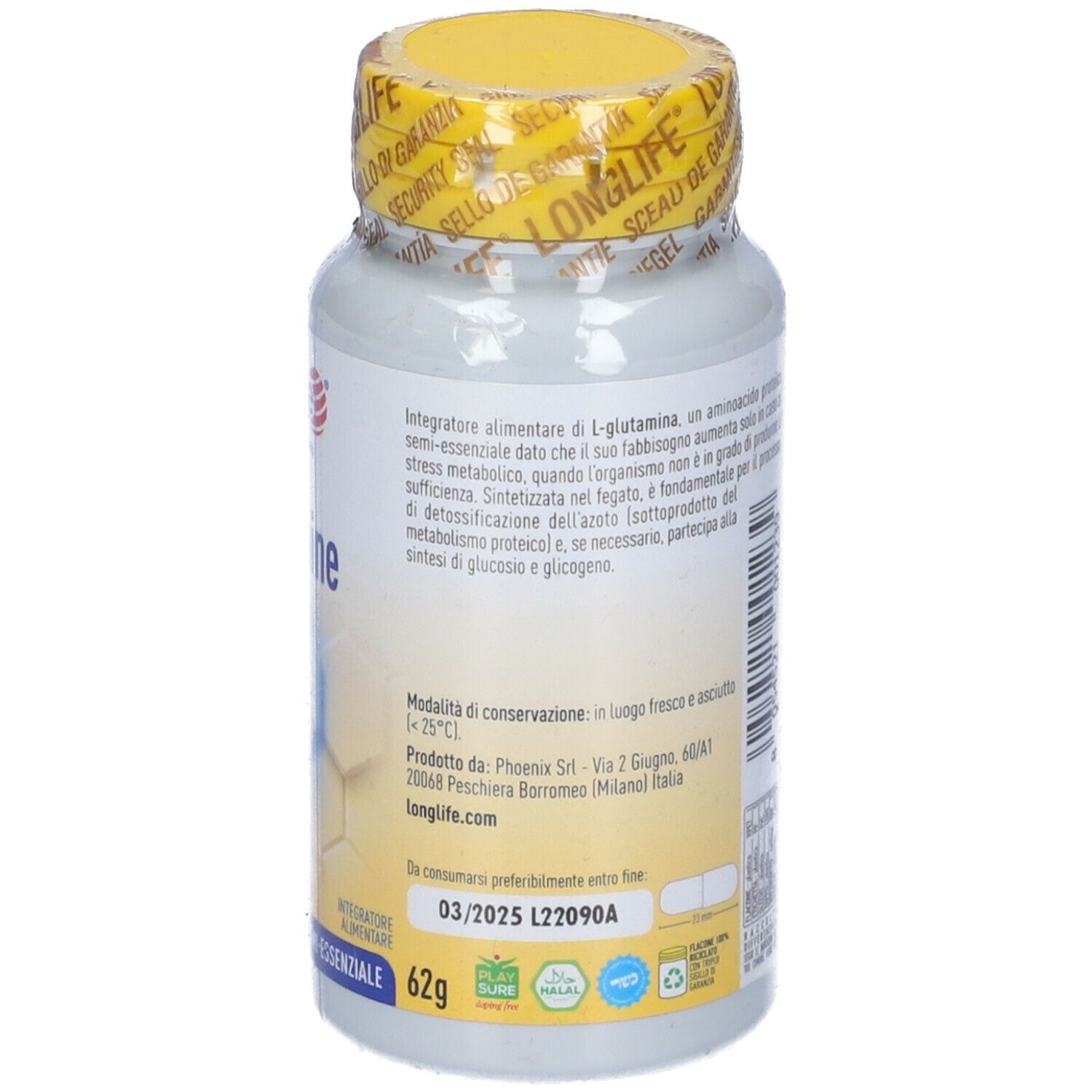 Retro del flacone. Scritta: Informazioni, data di scadenza, 62g. Certificazioni: Halal, Senza glutine, Vegano.
