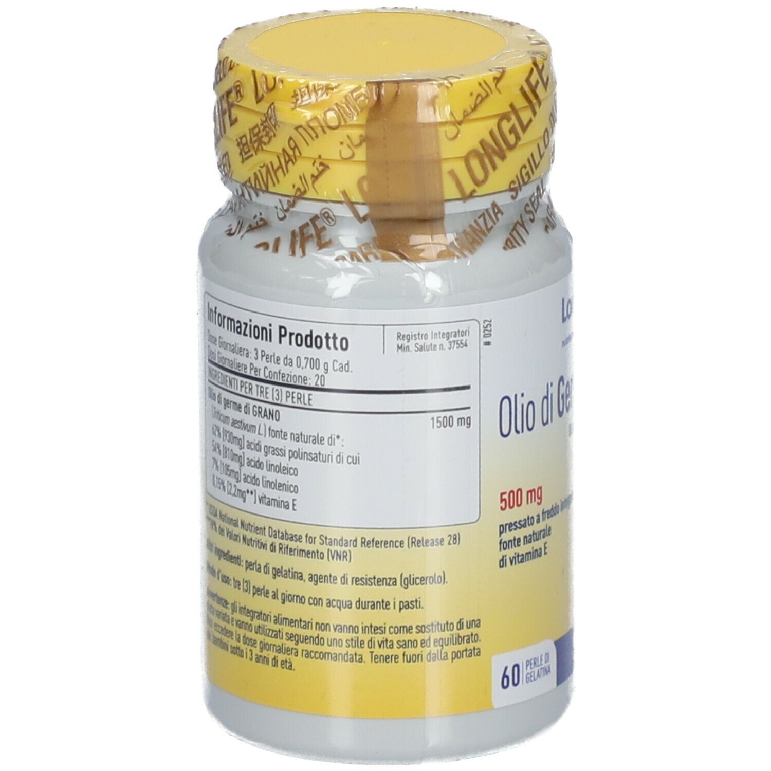 Weizenkeimöl-Kapseln in weißer Flasche mit gelbem Deckel und Siegel. Rückseite mit Produktinformationen.