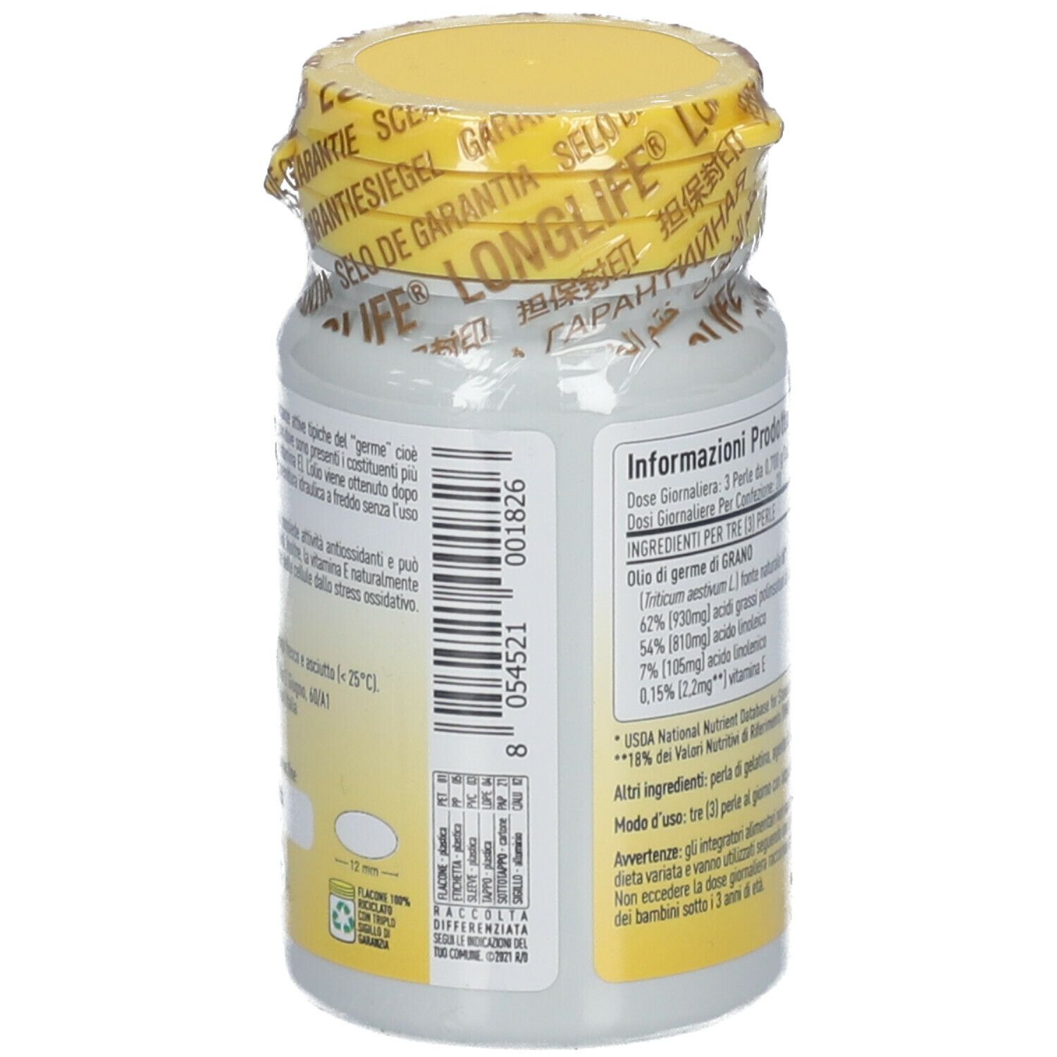 Weizenkeimöl-Kapseln in weißer Flasche mit gelbem Deckel und Siegel. Rückseite mit Produktinformationen.