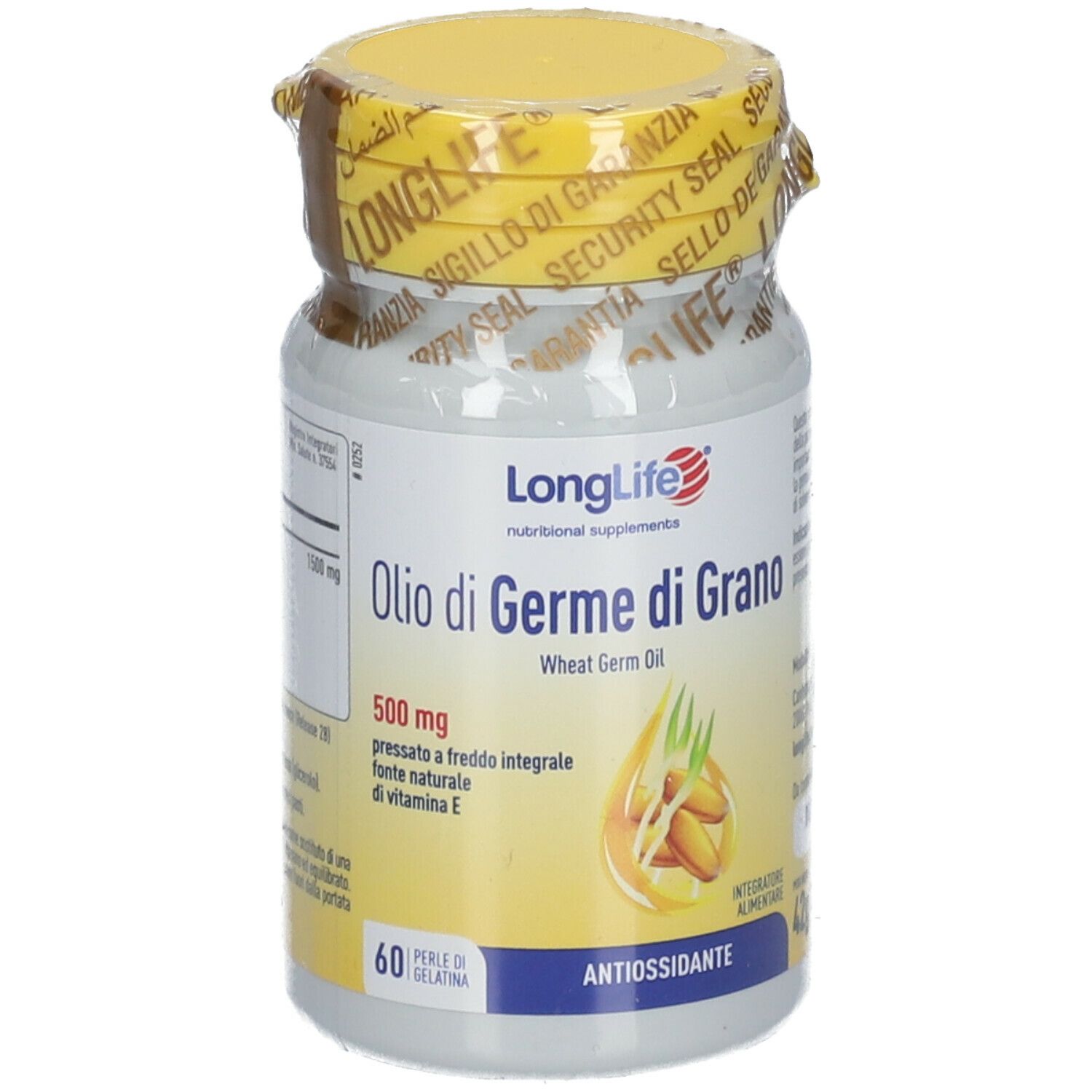 Weizenkeimöl-Kapseln in weißer Flasche mit gelbem Deckel und Siegel. Aufschrift: LongLife, Olio di Germe di Grano, 500mg.