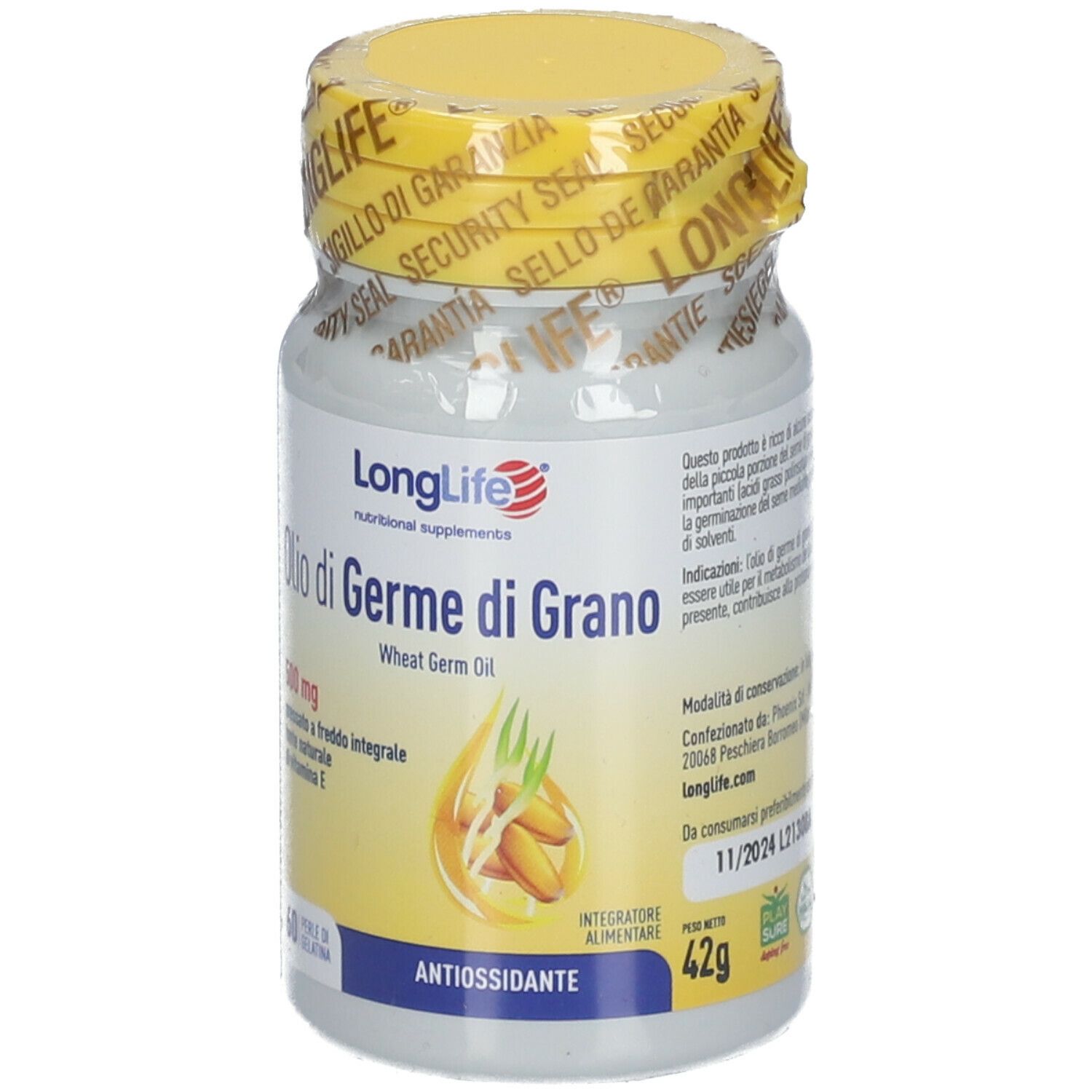 Weizenkeimöl-Kapseln in weißer Flasche mit gelbem Deckel und Siegel. Aufschrift: LongLife, Olio di Germe di Grano, 500mg.